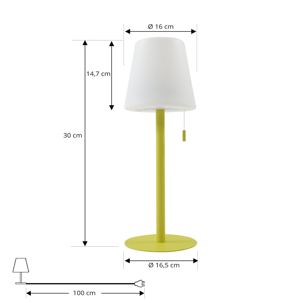 LED oppladbar bordlampe Azalea gul aluminium CCT IP44 nærbilde av fot