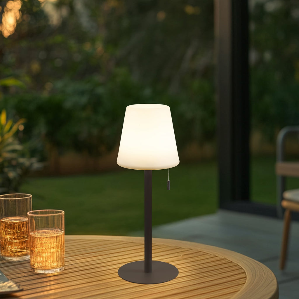 LED oppladbar bordlampe Azalea hvit/brun CCT høydejusterbar IP44 bakside