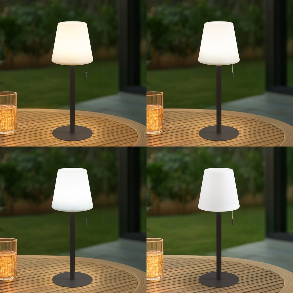LED oppladbar bordlampe Azalea hvit/brun CCT høydejusterbar IP44 detalj av lampeskjerm