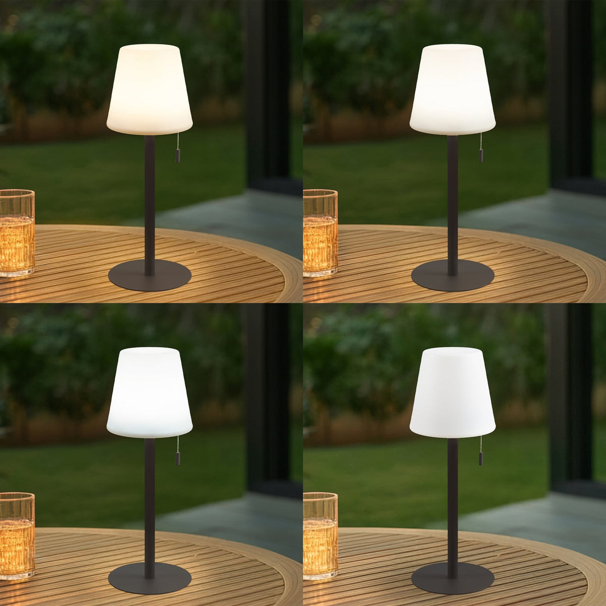 LED oppladbar bordlampe Azalea hvit/brun CCT høydejusterbar IP44 detalj av lampeskjerm