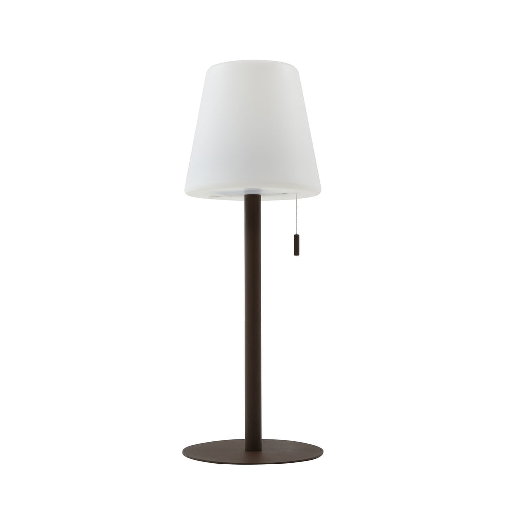 LED oppladbar bordlampe Azalea hvit/brun CCT høydejusterbar IP44 montert på bord