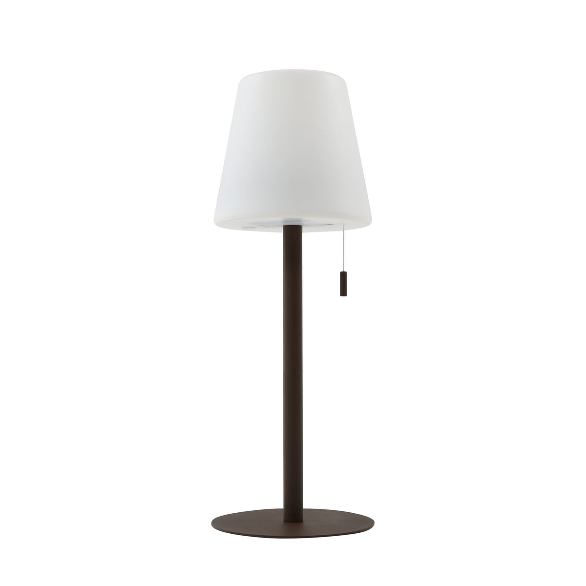 LED oppladbar bordlampe Azalea hvit/brun CCT høydejusterbar IP44 montert på bord