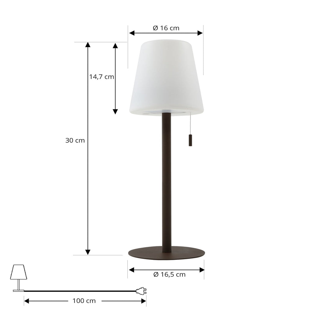 LED oppladbar bordlampe Azalea hvit/brun CCT høydejusterbar IP44 nærbilde av trekkbryter