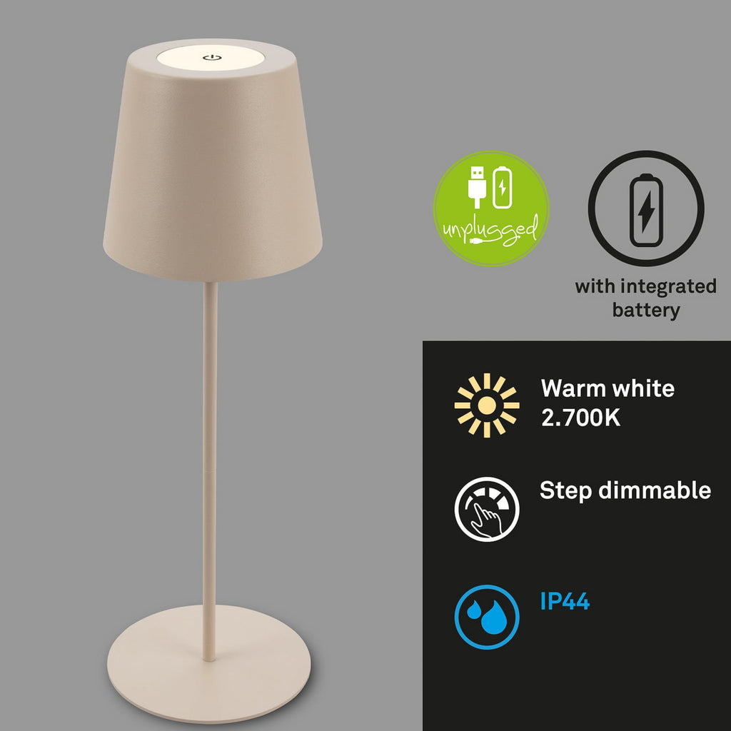 LED oppladbar bordlampe beige berøringsdimmer IP44 - Briloner forfra