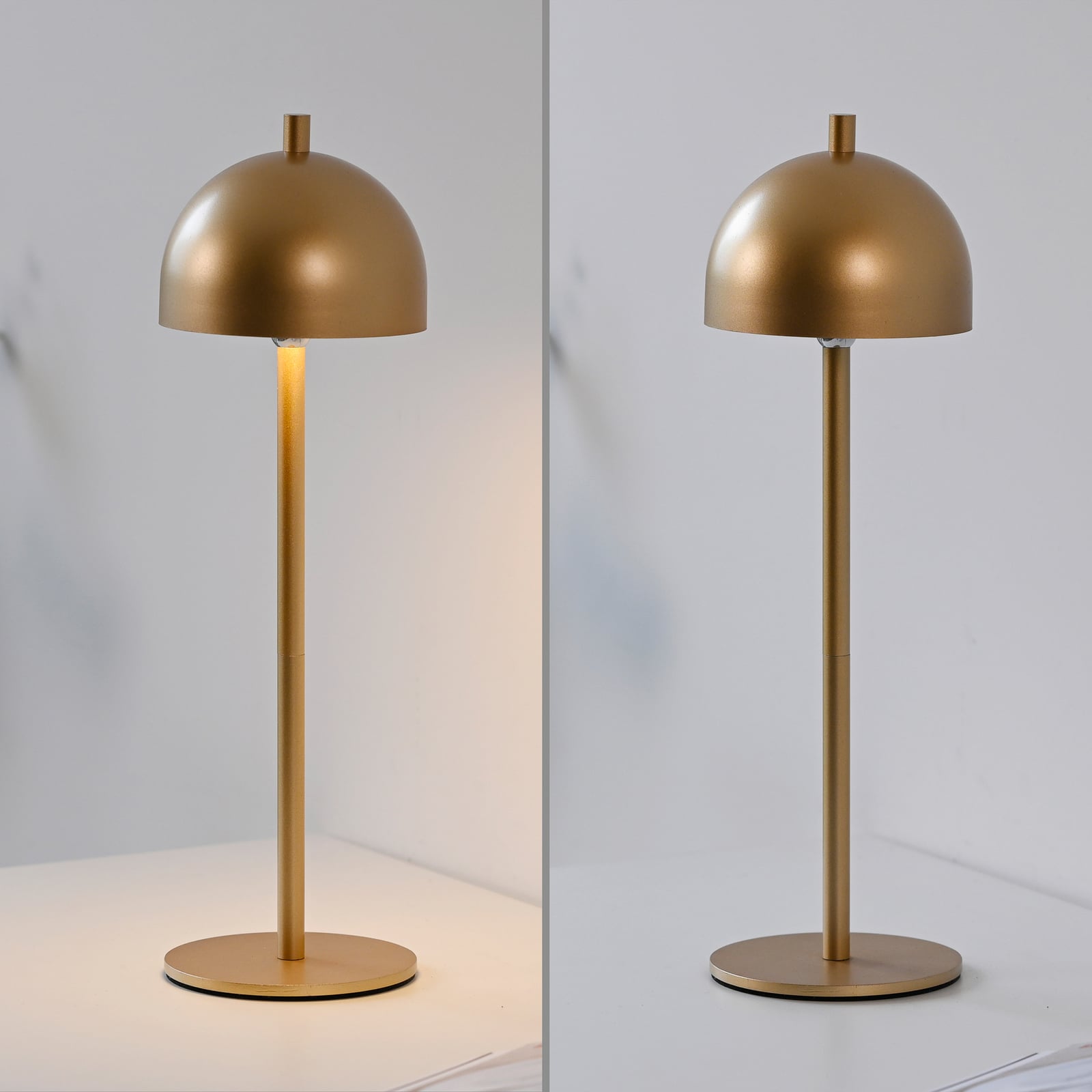 LED oppladbar bordlampe Bellies dimbar gull IP54 i bruk utendørs
