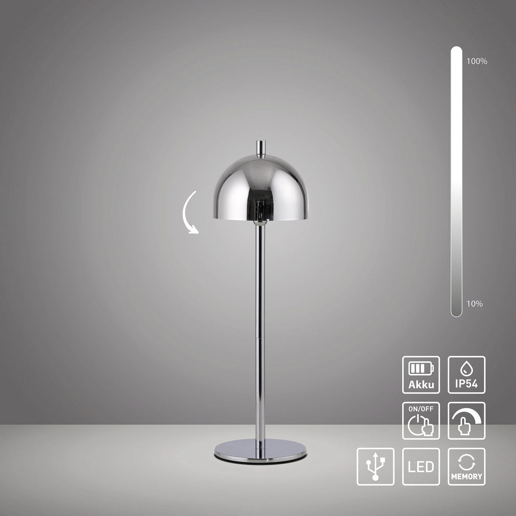 LED oppladbar bordlampe Bellies dimbar krom IP54 dimmer knapp