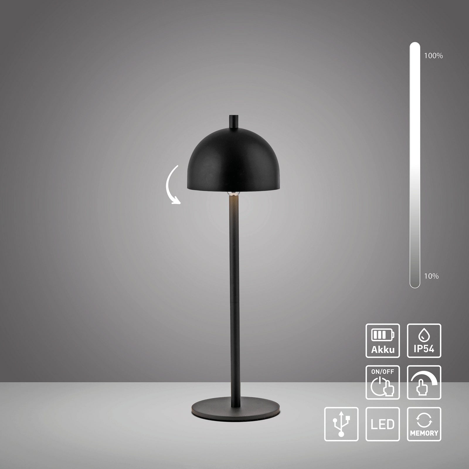LED oppladbar bordlampe Bellies dimbar svart IP54 med dimmer funskjon
