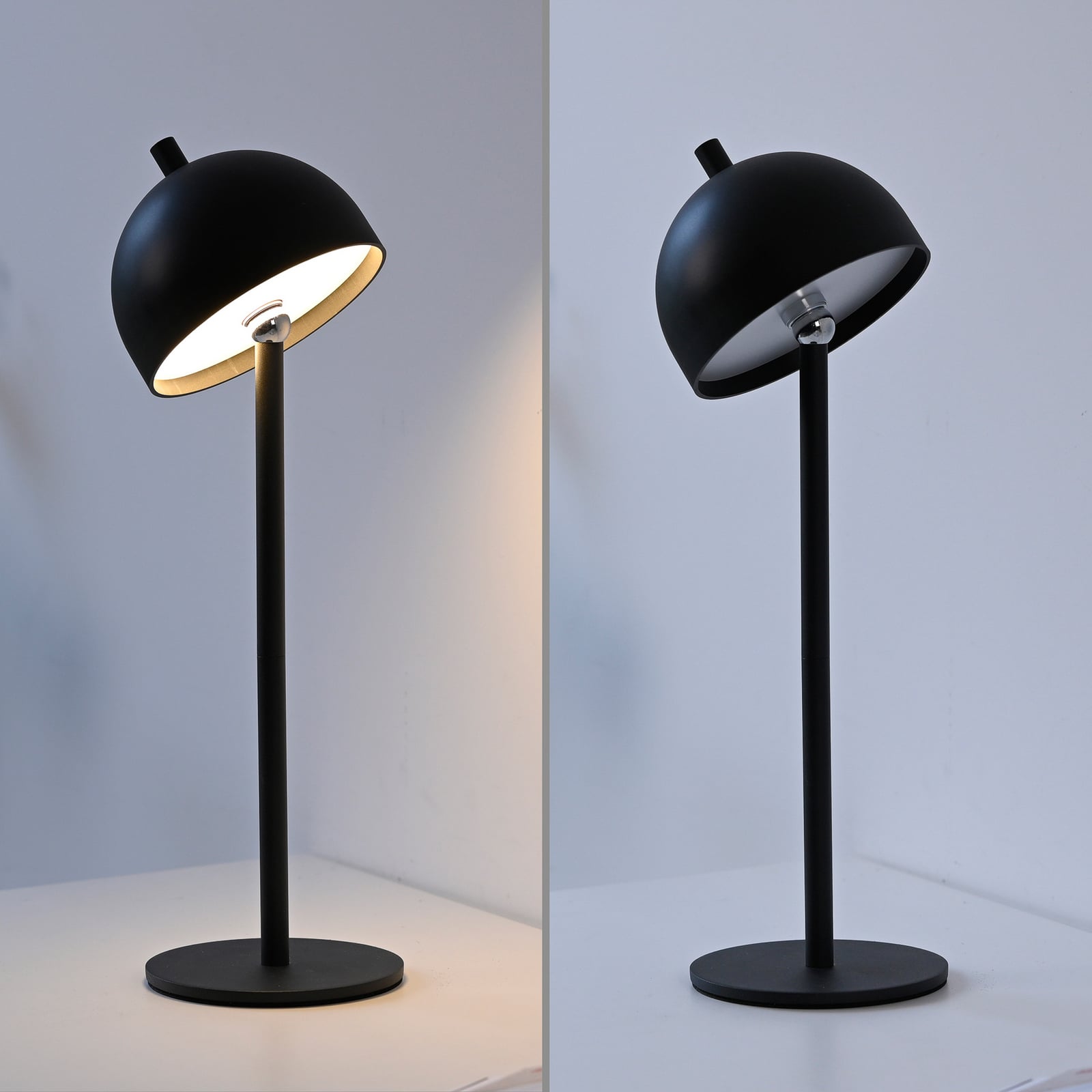 LED oppladbar bordlampe Bellies dimbar svart IP54 på terrasse