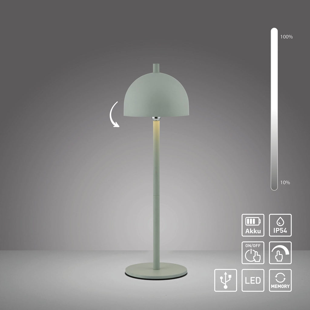LED oppladbar bordlampe Bellies lysgrønn dimbar IP54 på sidebord