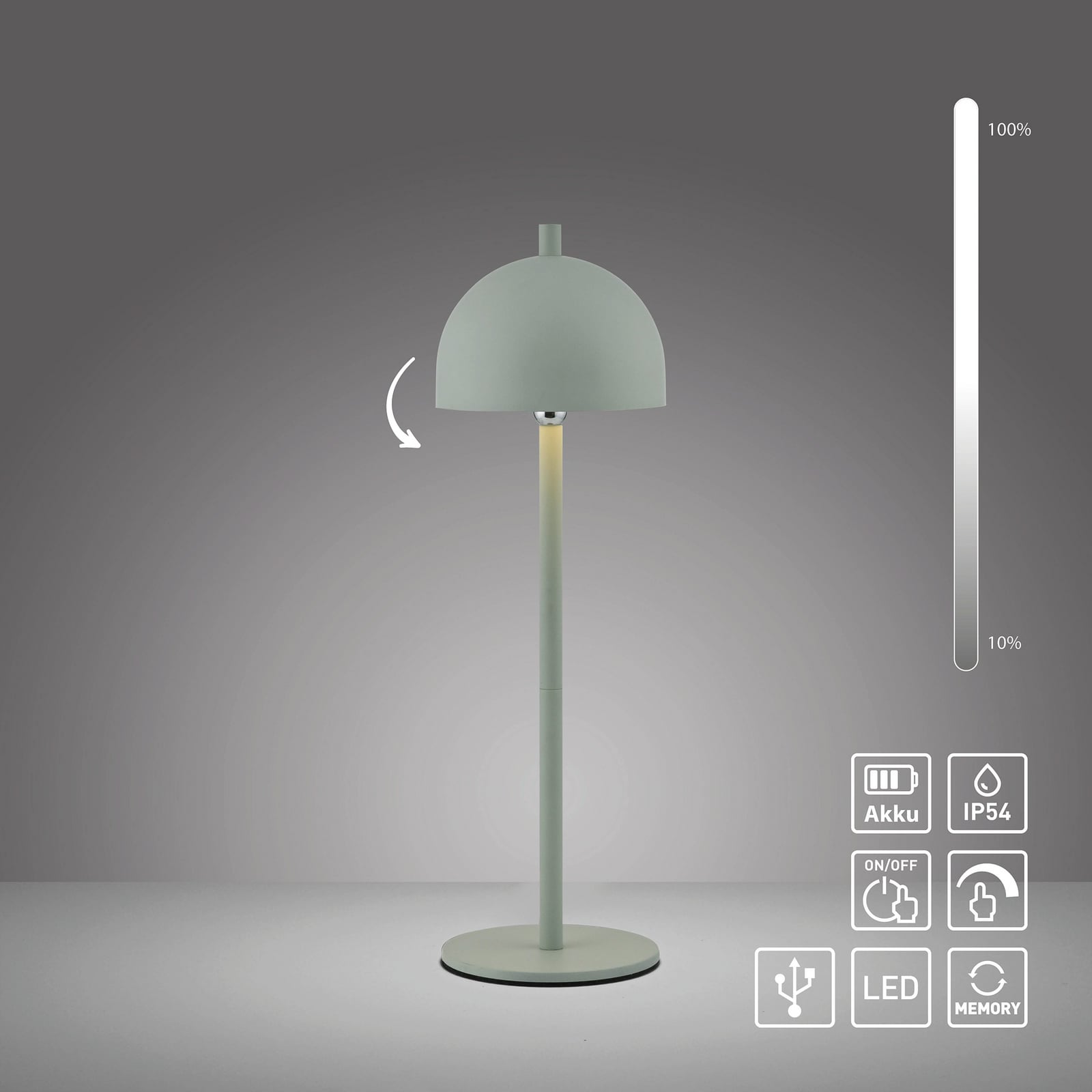 LED oppladbar bordlampe Bellies lysgrønn dimbar IP54 på sidebord