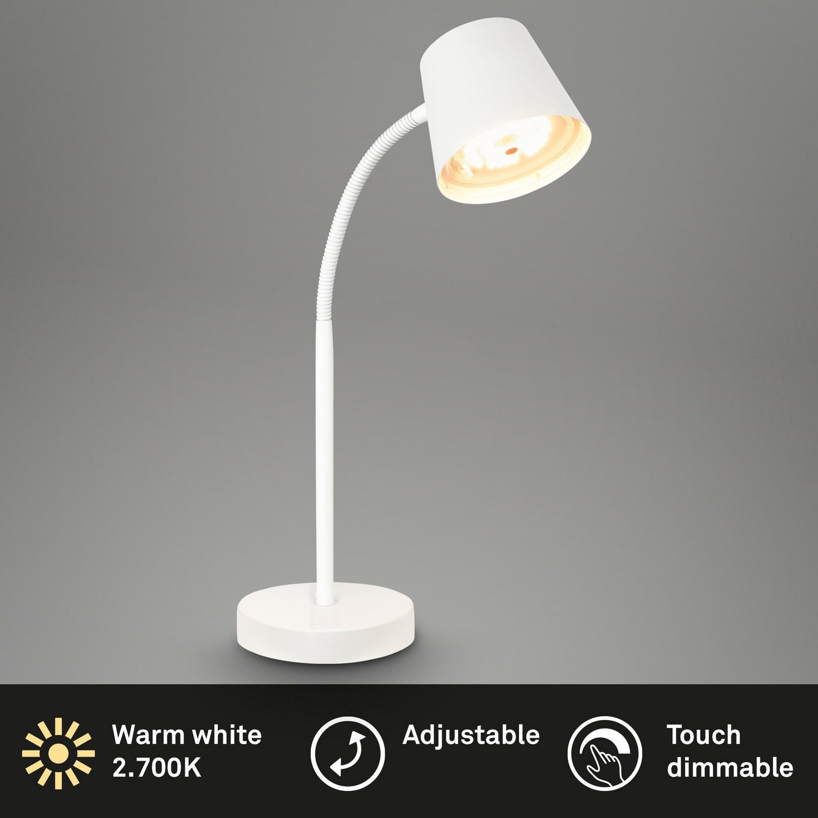 LED oppladbar bordlampe Biwo hvit berøringsdimmer fra siden