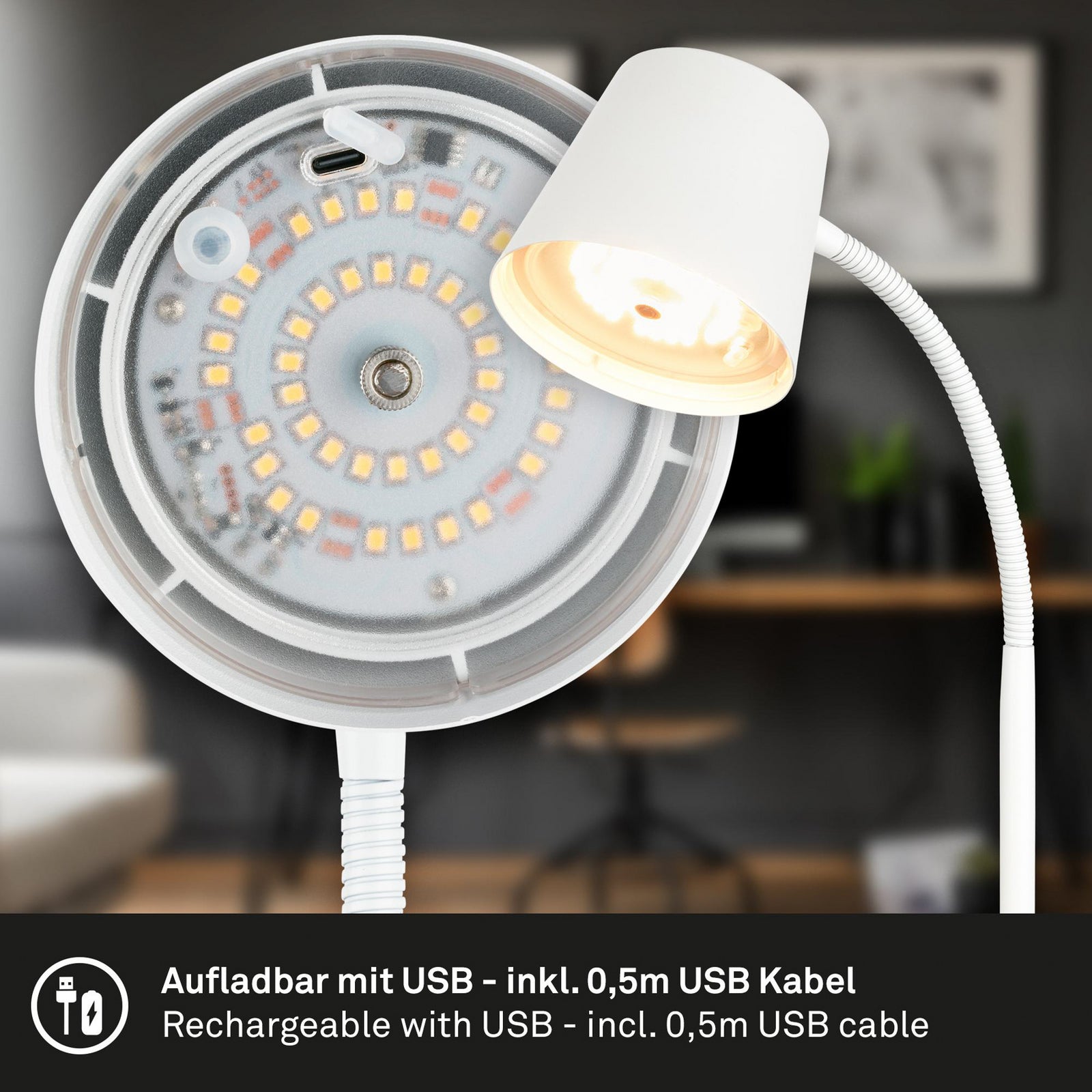 LED oppladbar bordlampe Biwo hvit berøringsdimmer USB-C ladekabel