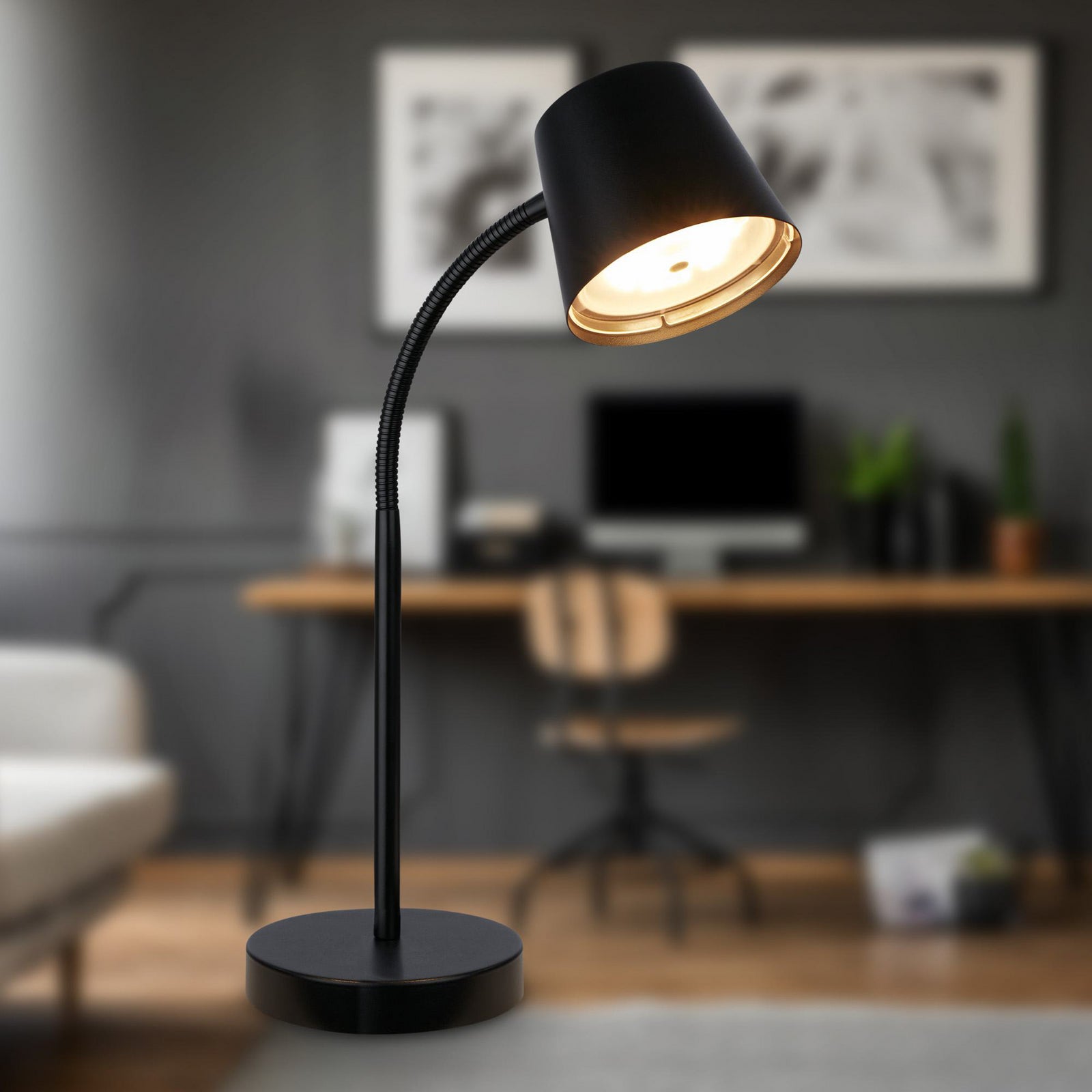 LED oppladbar bordlampe Biwo svart metall dimbar 38,5 cm nærbilde av lampehode