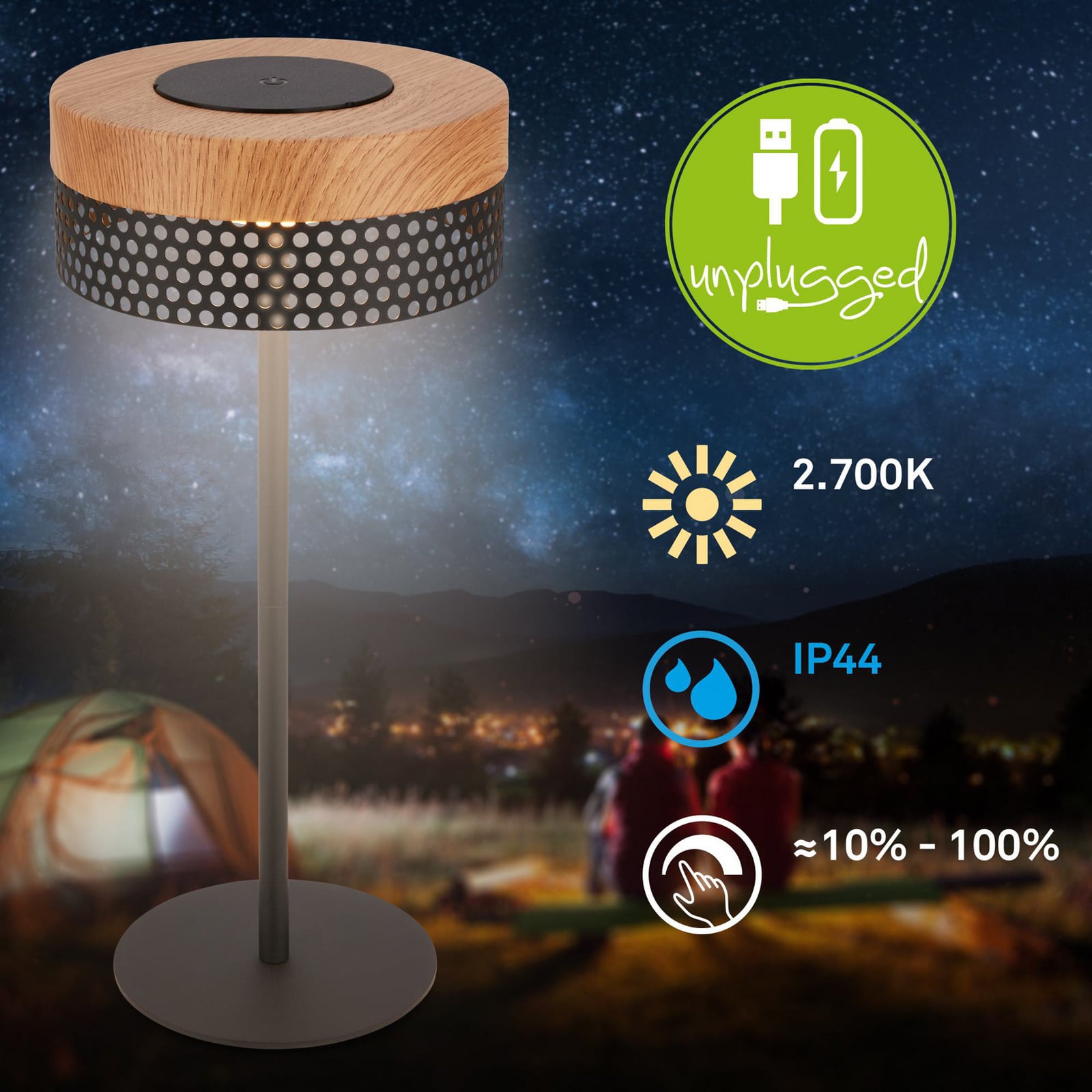 LED oppladbar bordlampe Booha dimbar trefarget/svart IP44 bakside