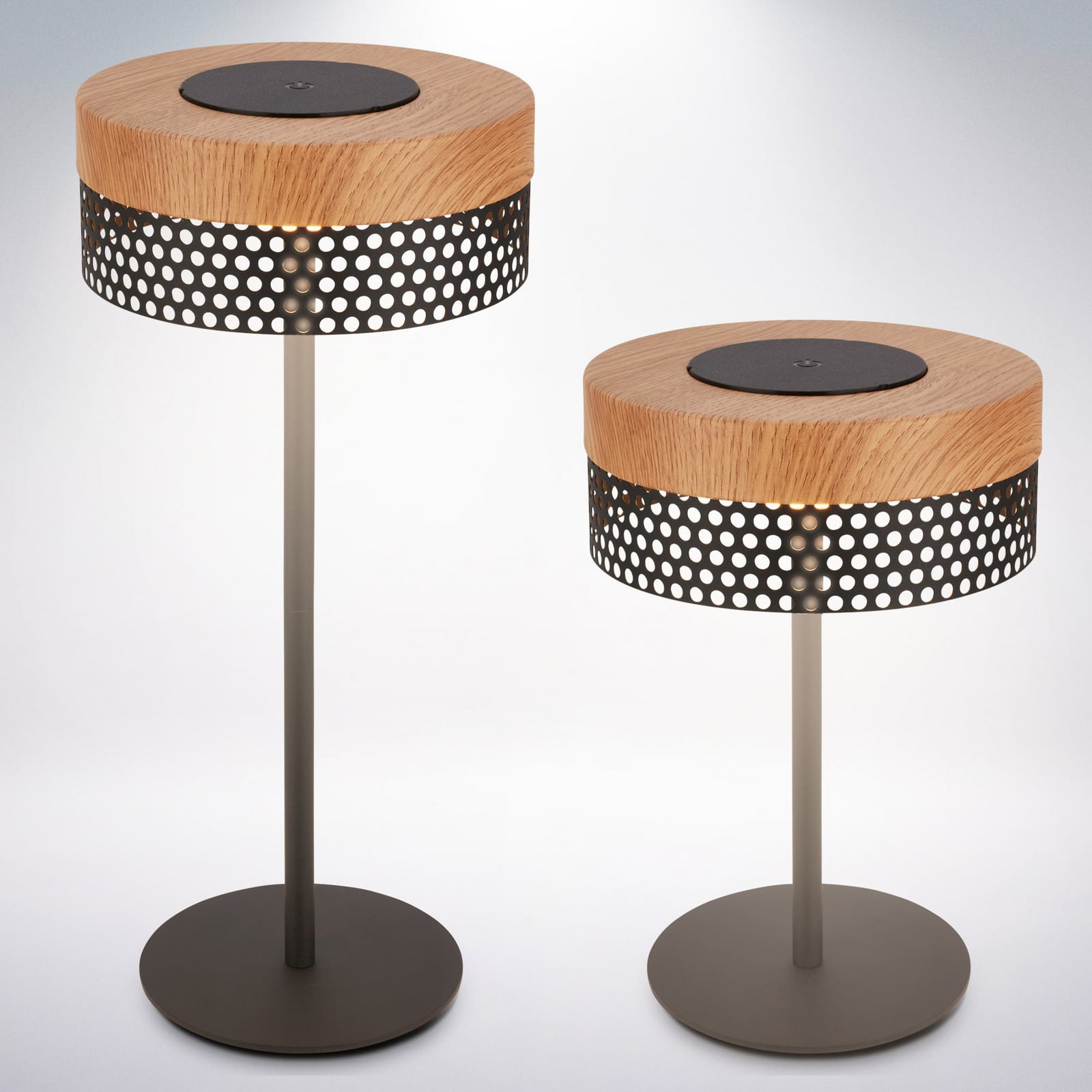 Nærbilde av lyskilde i LED oppladbar bordlampe Booha dimbar trefarget/svart IP44