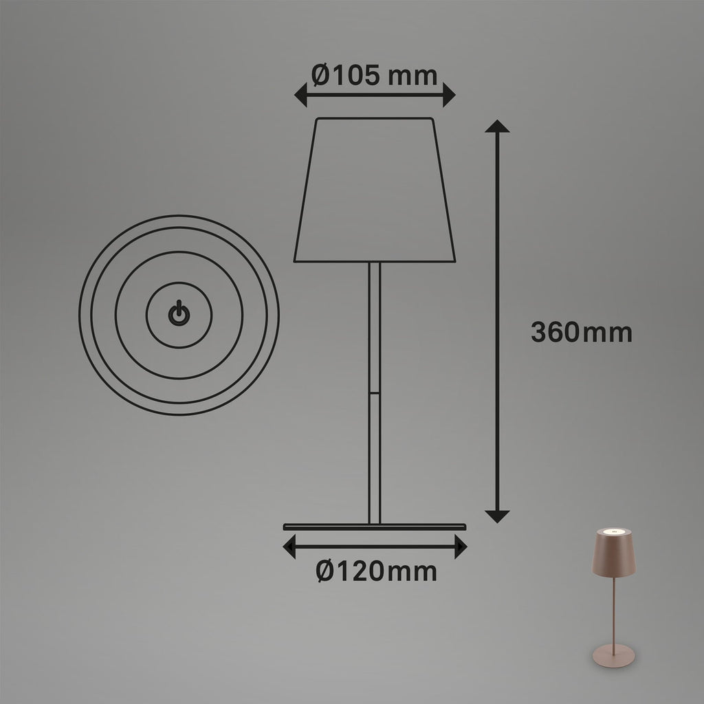 LED oppladbar bordlampe brun dimbar 36 cm Briloner bakside