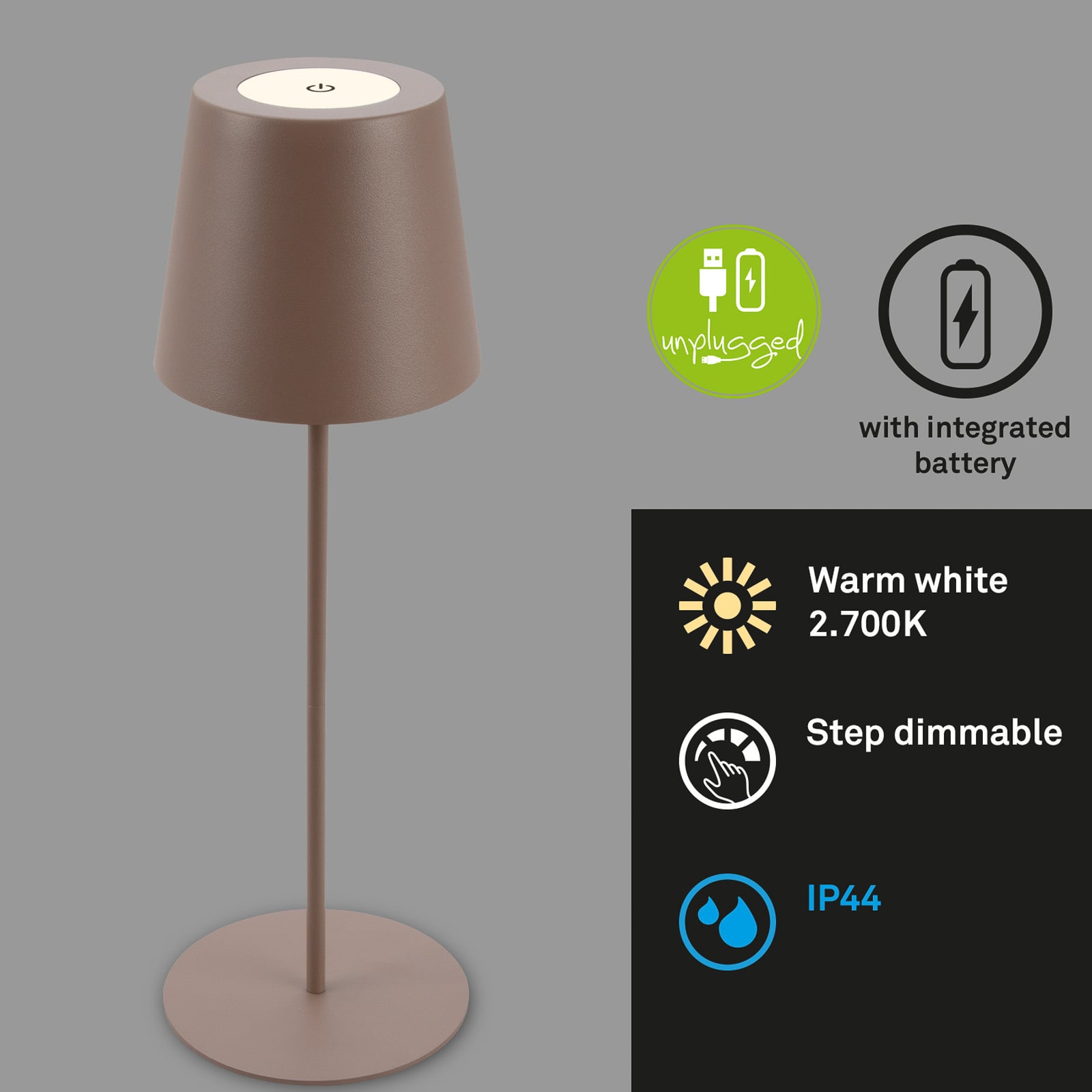 LED oppladbar bordlampe brun dimbar 36 cm Briloner detalj av touchdimmer
