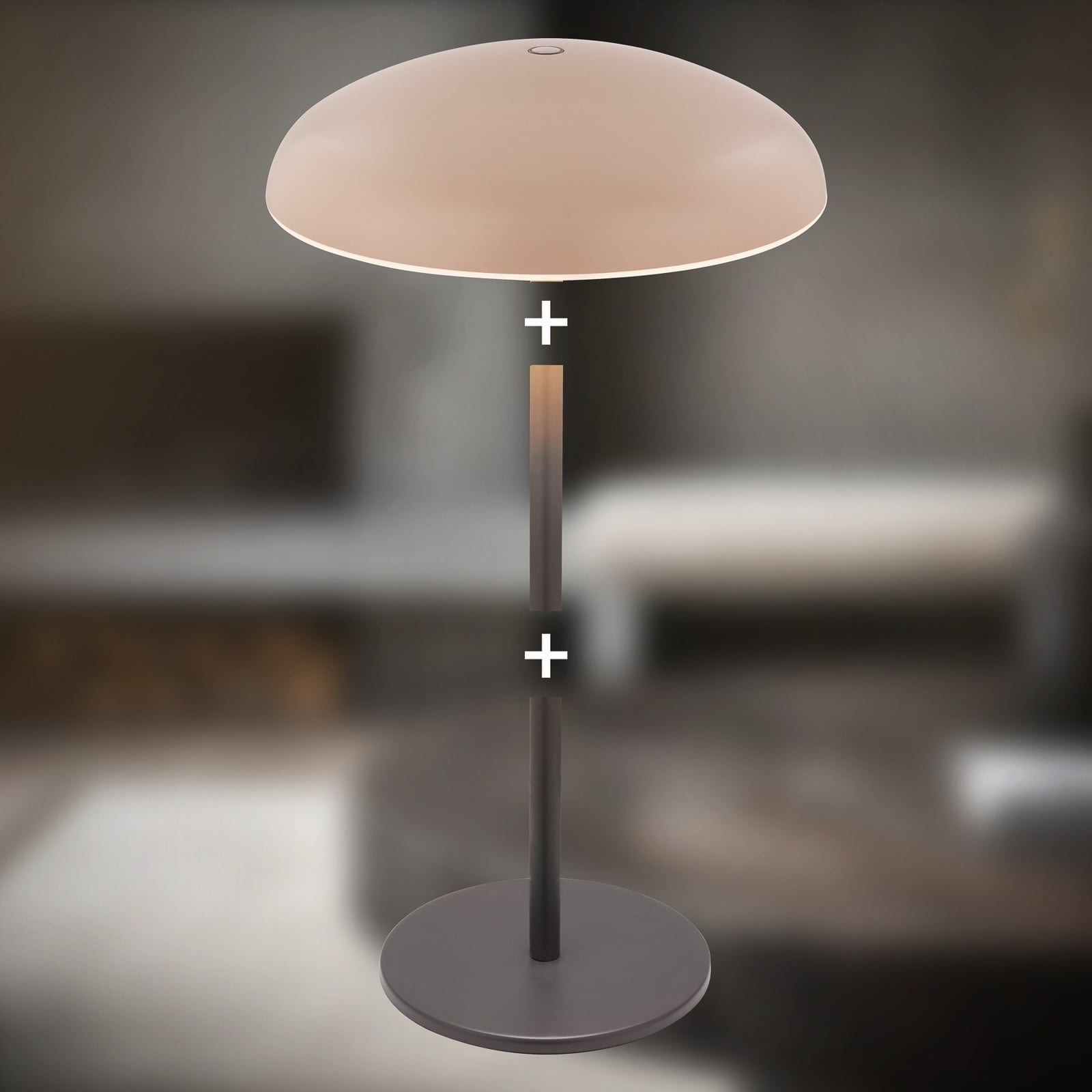 LED oppladbar bordlampe Caxa 30 dimbar beige/antrasitt IP44 i bruk