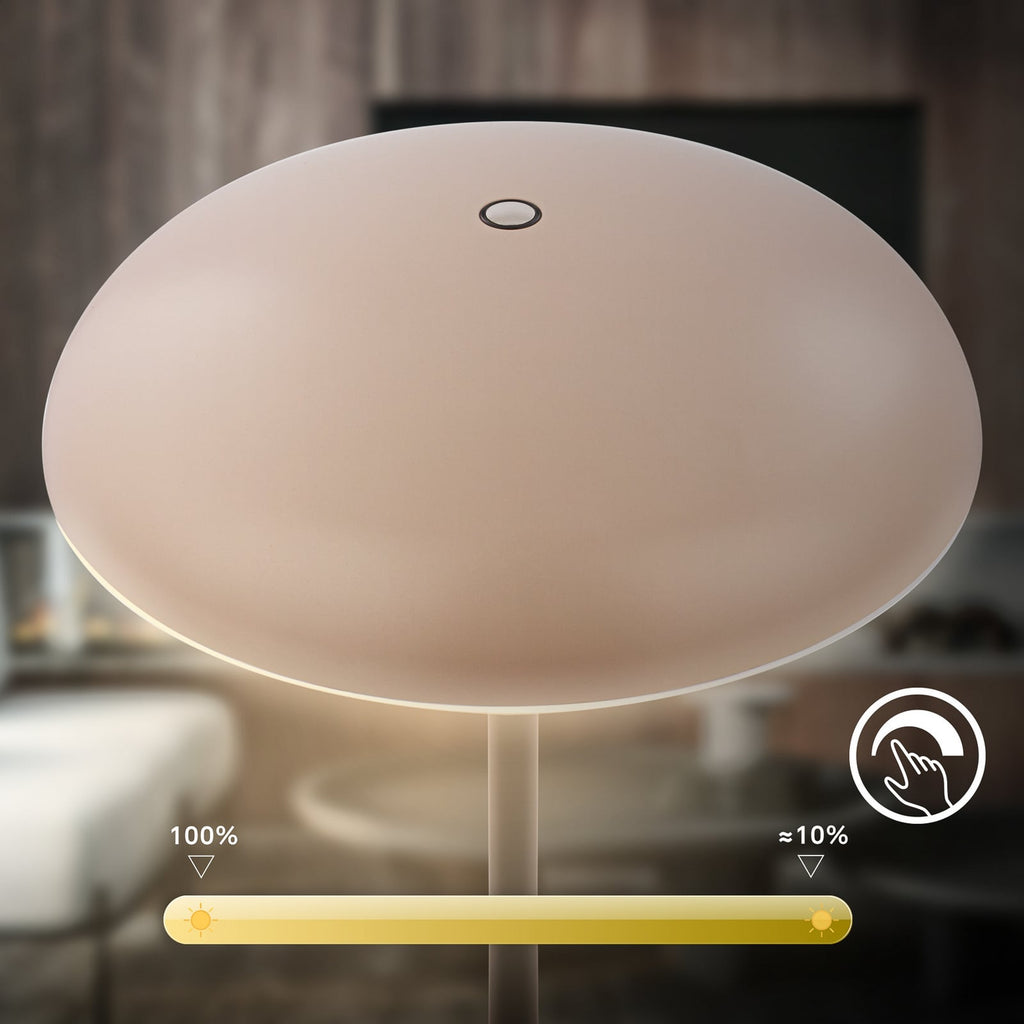 Nærbilde av touch-dimmer på LED oppladbar bordlampe Caxa 30 dimbar beige/antrasitt IP44