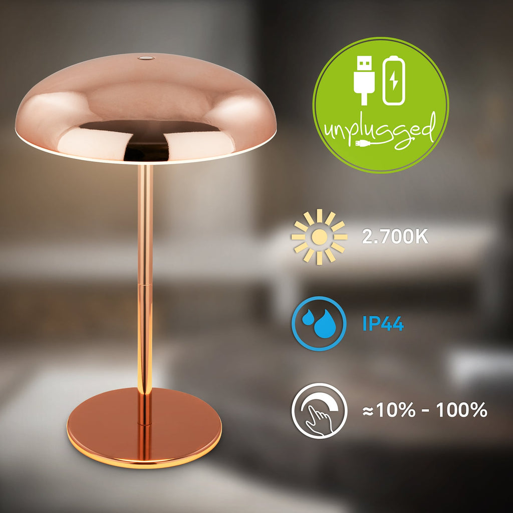 LED oppladbar bordlampe Caxa kobberfarget dimbar IP44 nærbilde av kobberfinish