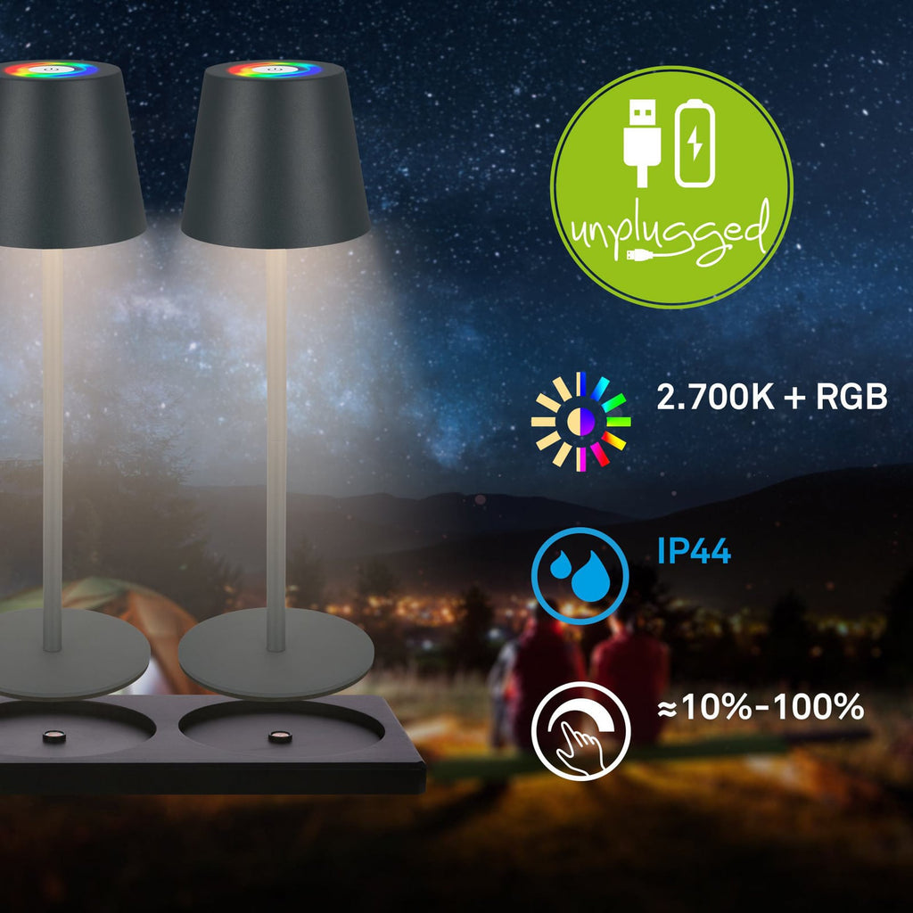 LED oppladbar bordlampe Cilano 3-er sett antrasitt RGB IP44 bakside