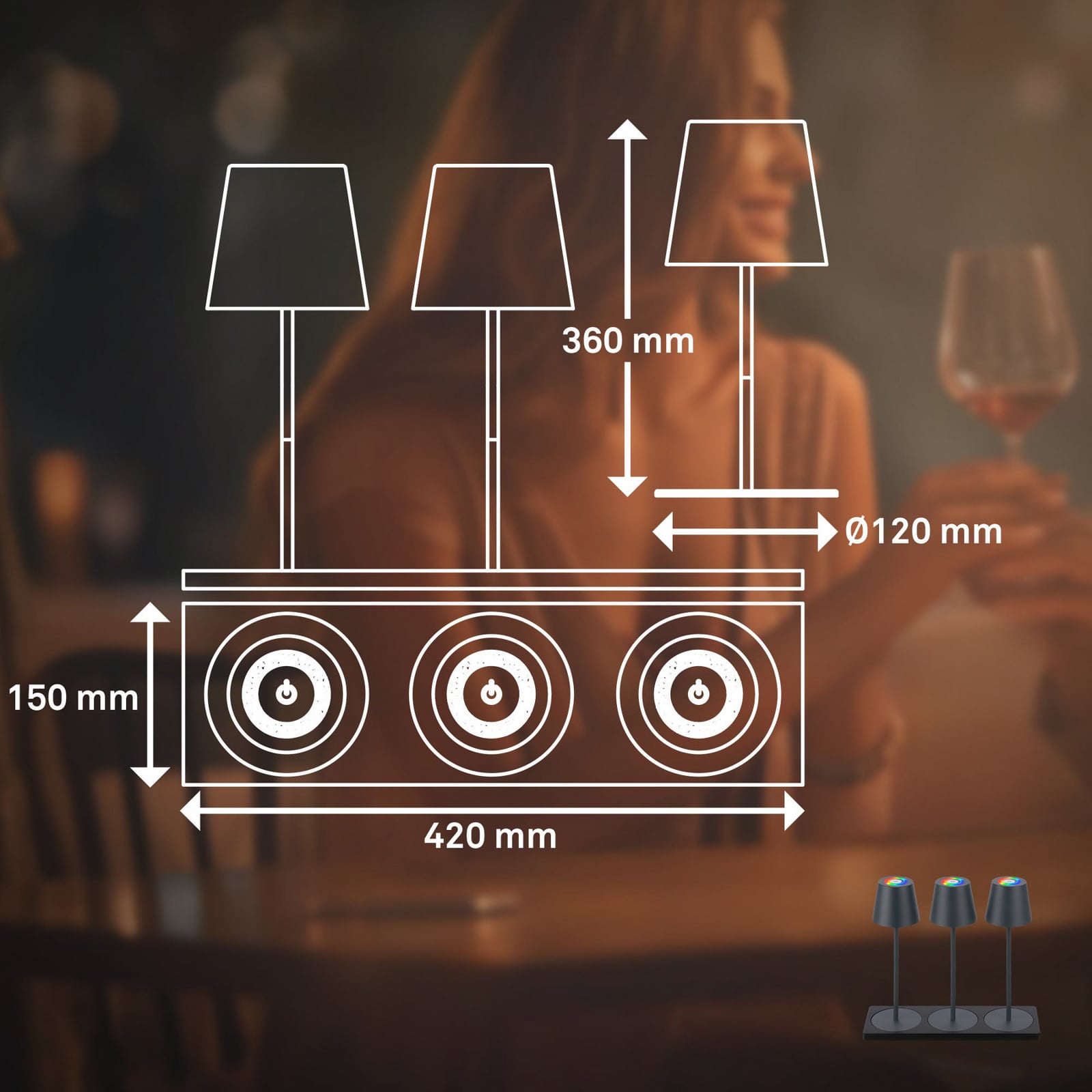 LED oppladbar bordlampe Cilano 3-er sett antrasitt RGB IP44 nærbilde av touchdimmer