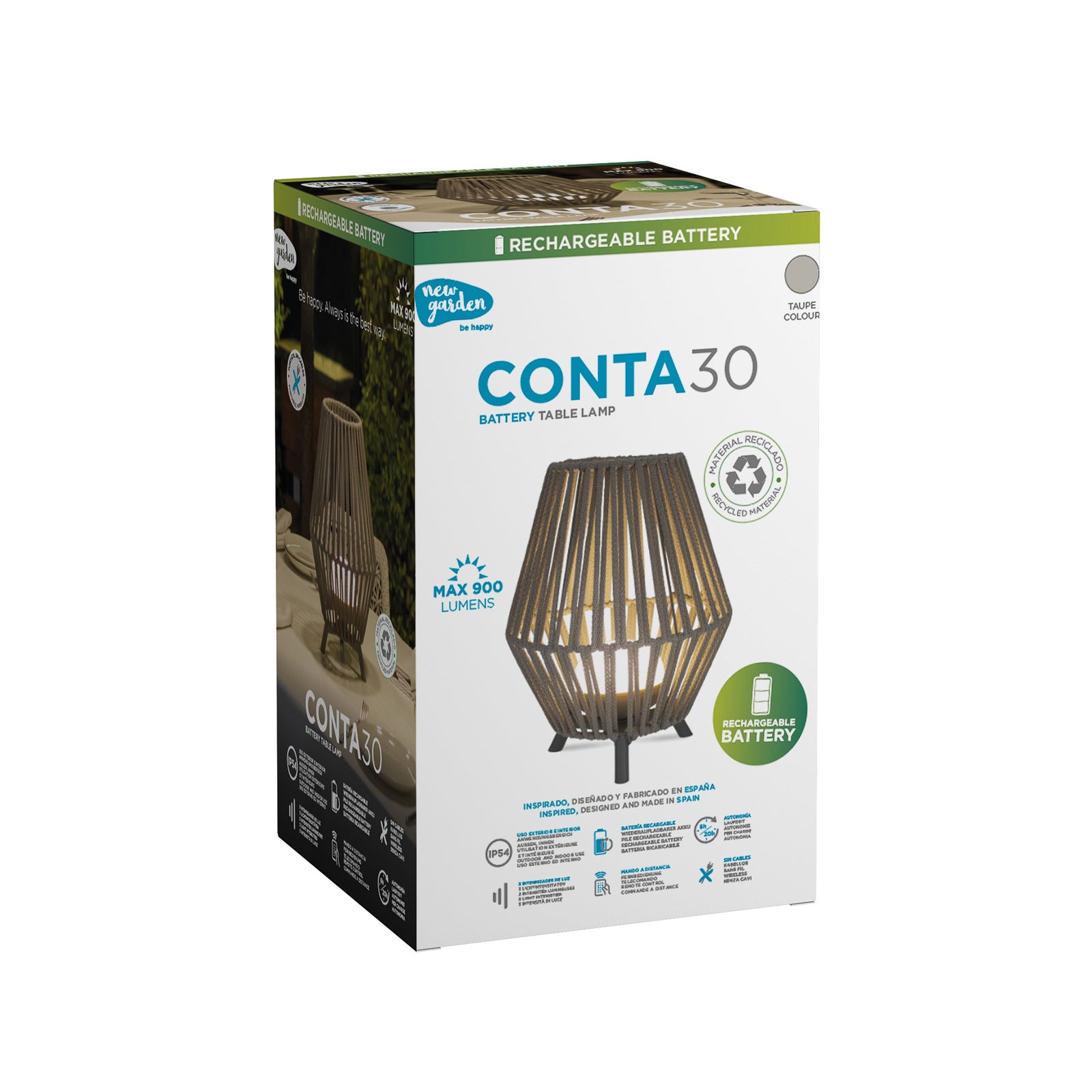 LED oppladbar bordlampe Conta taupe nærbilde av fjernkontroll