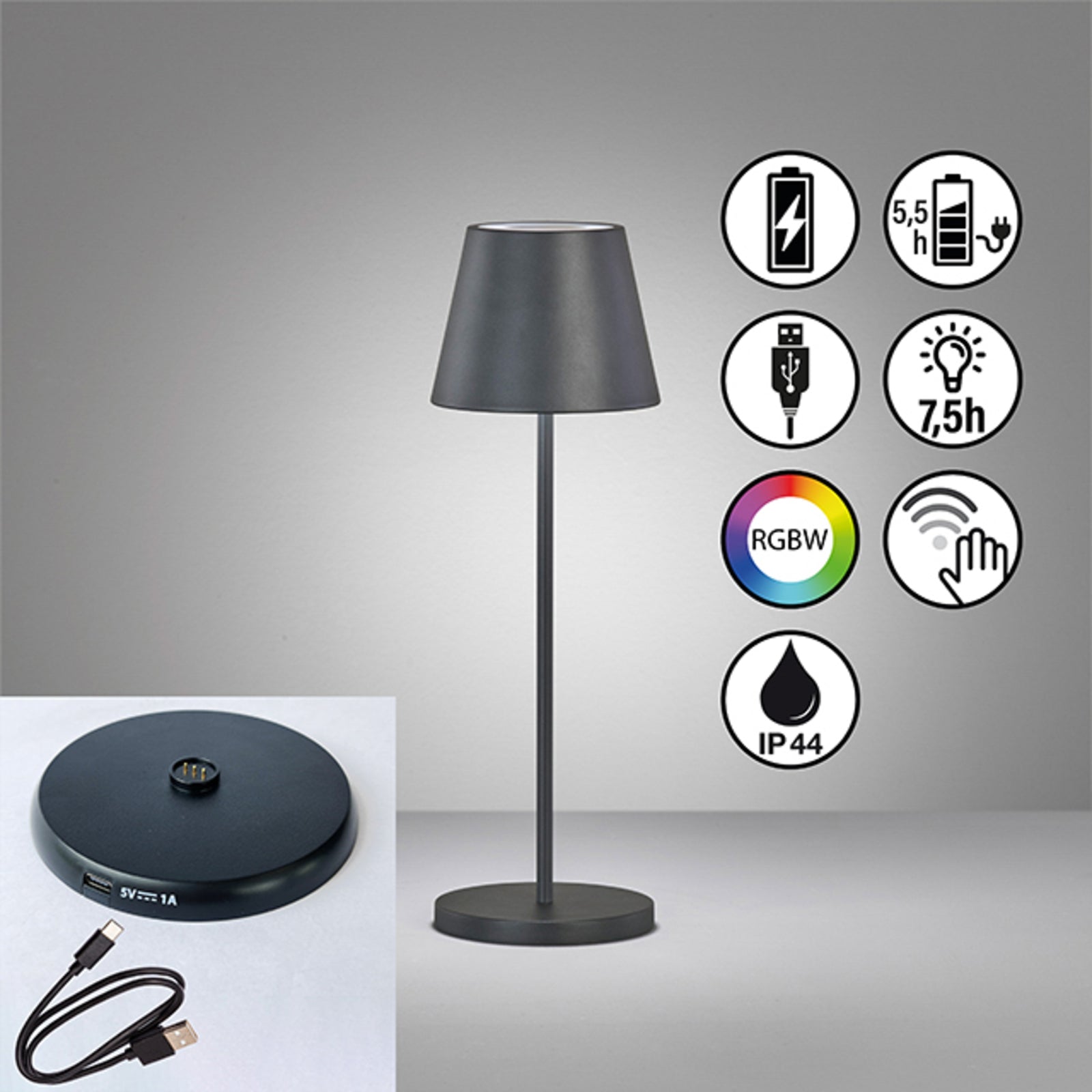 Bruk av LED oppladbar bordlampe Cosenza 2.0 RGB dimbar IP44 utendørs