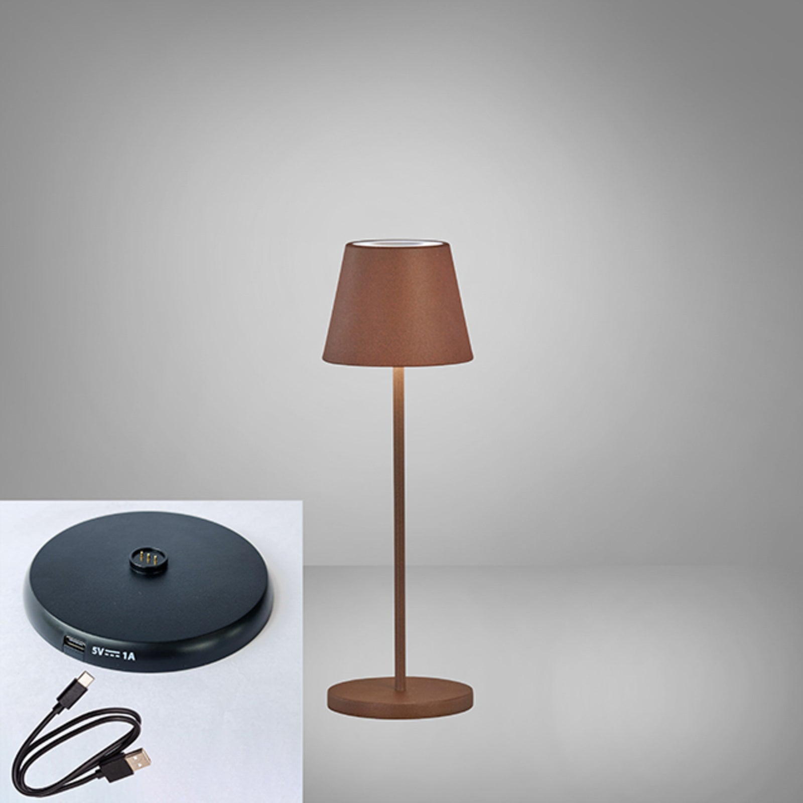 LED oppladbar bordlampe Cosenza 2.0 rustfarget RGB dimbar IP44 med ladestasjon