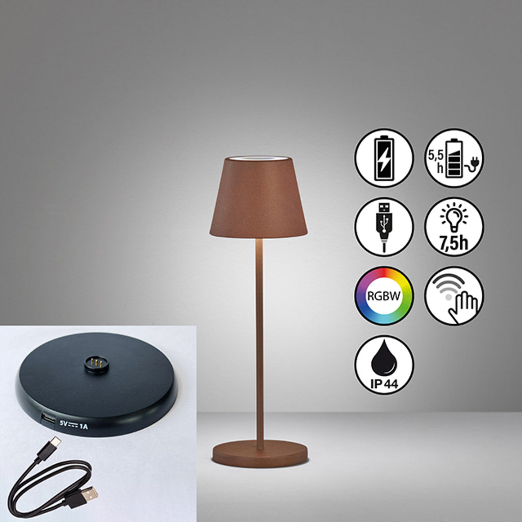 LED oppladbar bordlampe Cosenza 2.0 rustfarget RGB dimbar IP44 lys i bruk