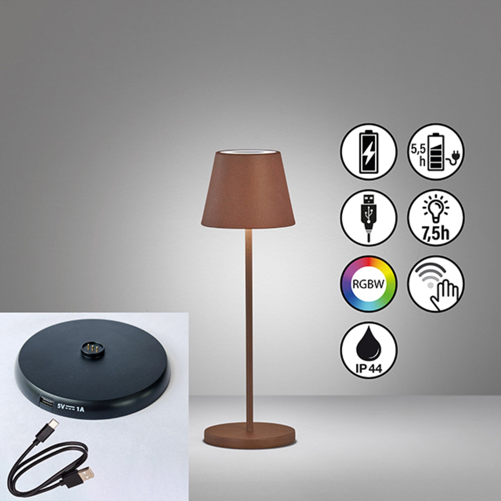 LED oppladbar bordlampe Cosenza 2.0 rustfarget RGB dimbar IP44 lys i bruk