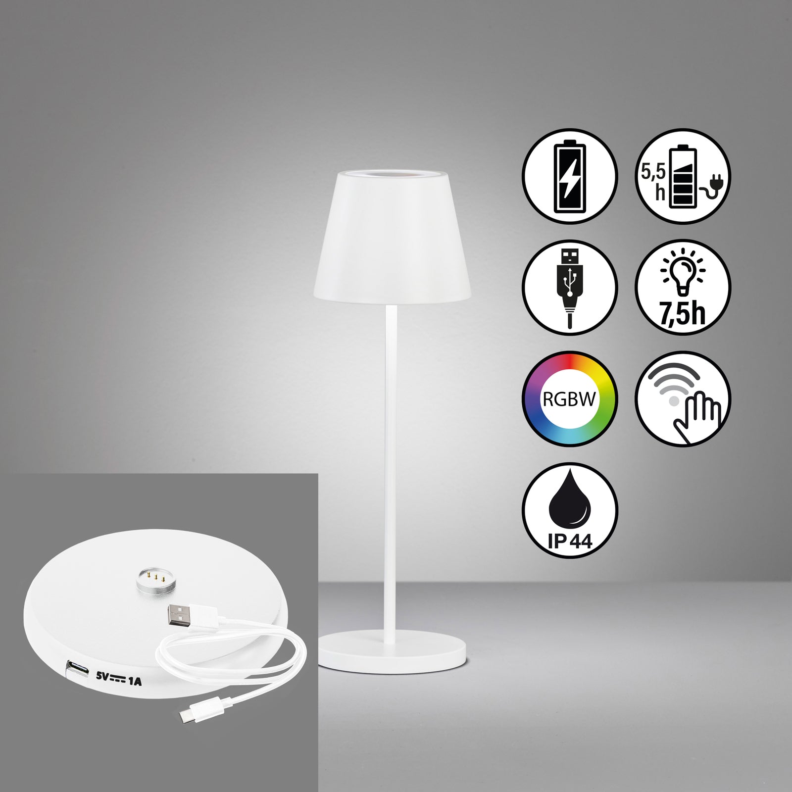 LED oppladbar bordlampe Cosenza 2.0 sand RGB dimbar IP44 USB-kabel