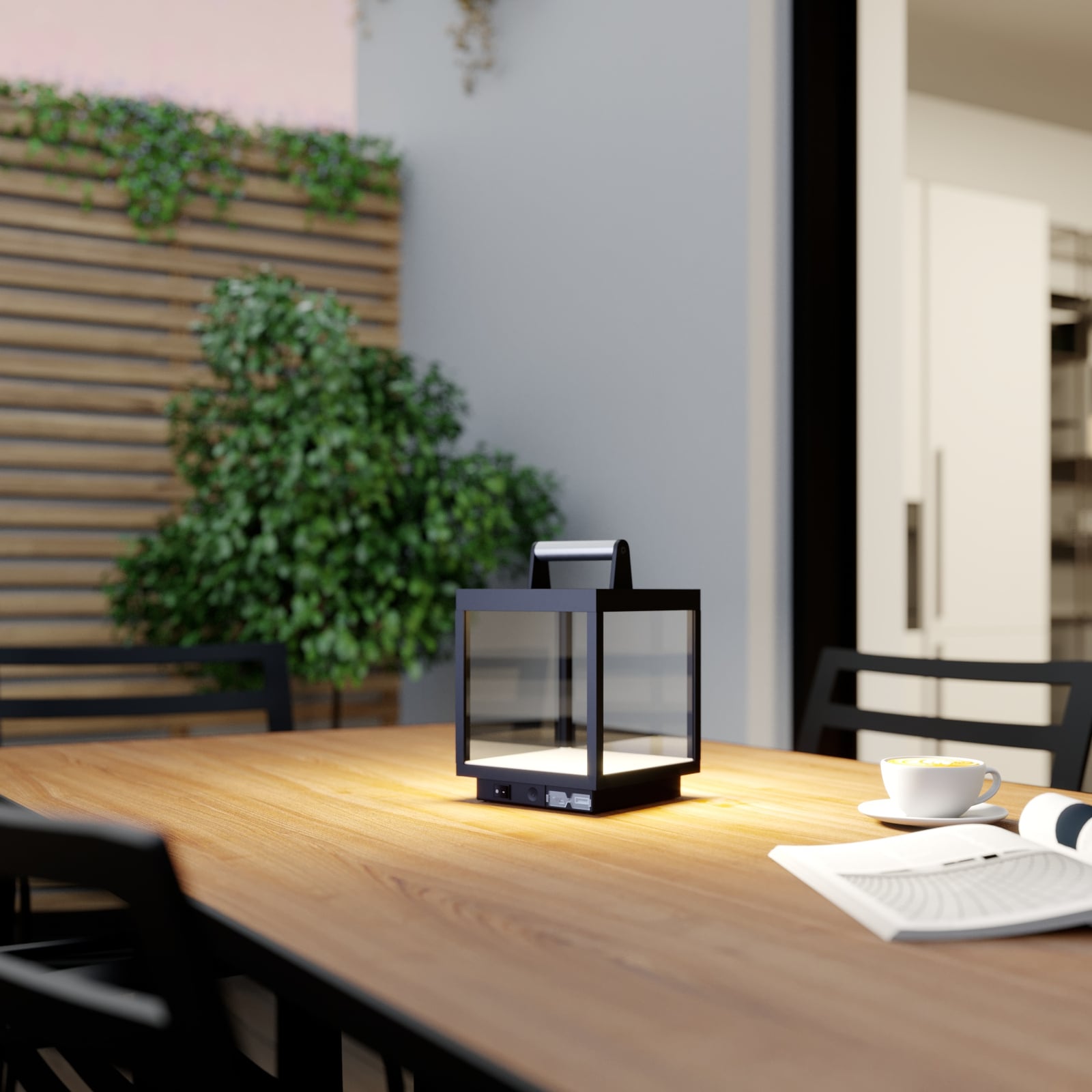 LED oppladbar bordlampe Cube aluminium glass dimbar IP54 bakside