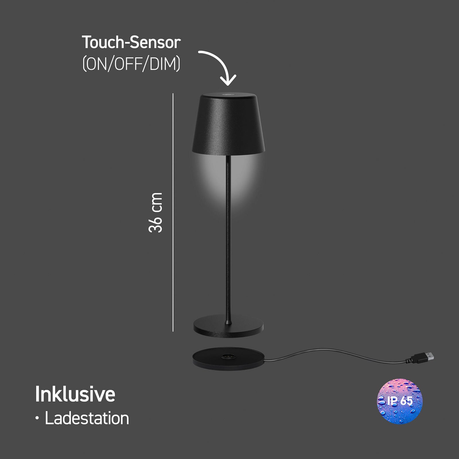 LED oppladbar bordlampe Dalia svart RGB CCT IP65 Zigbee bakside