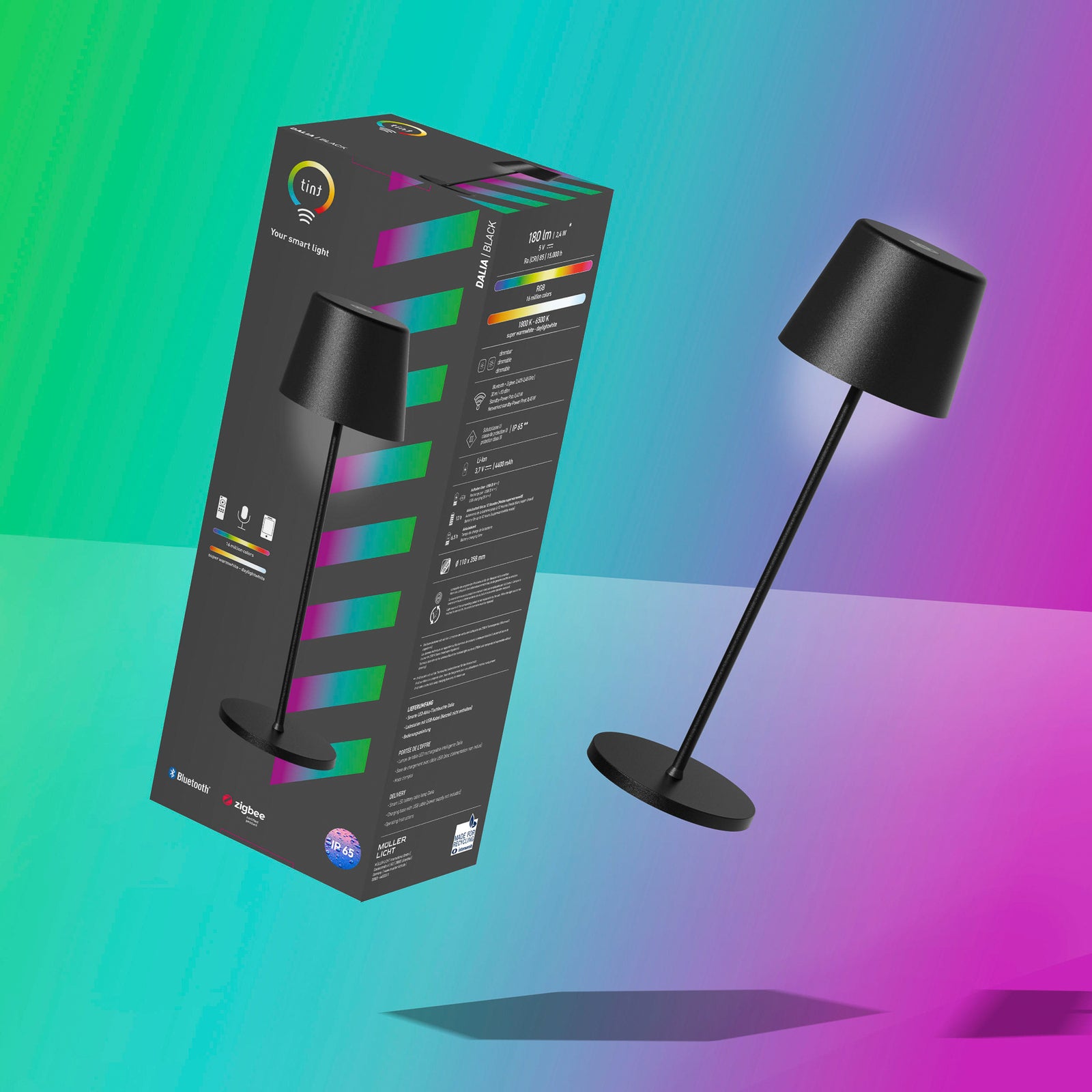 Detalj av LED oppladbar bordlampe Dalia svart RGB CCT IP65 Zigbee