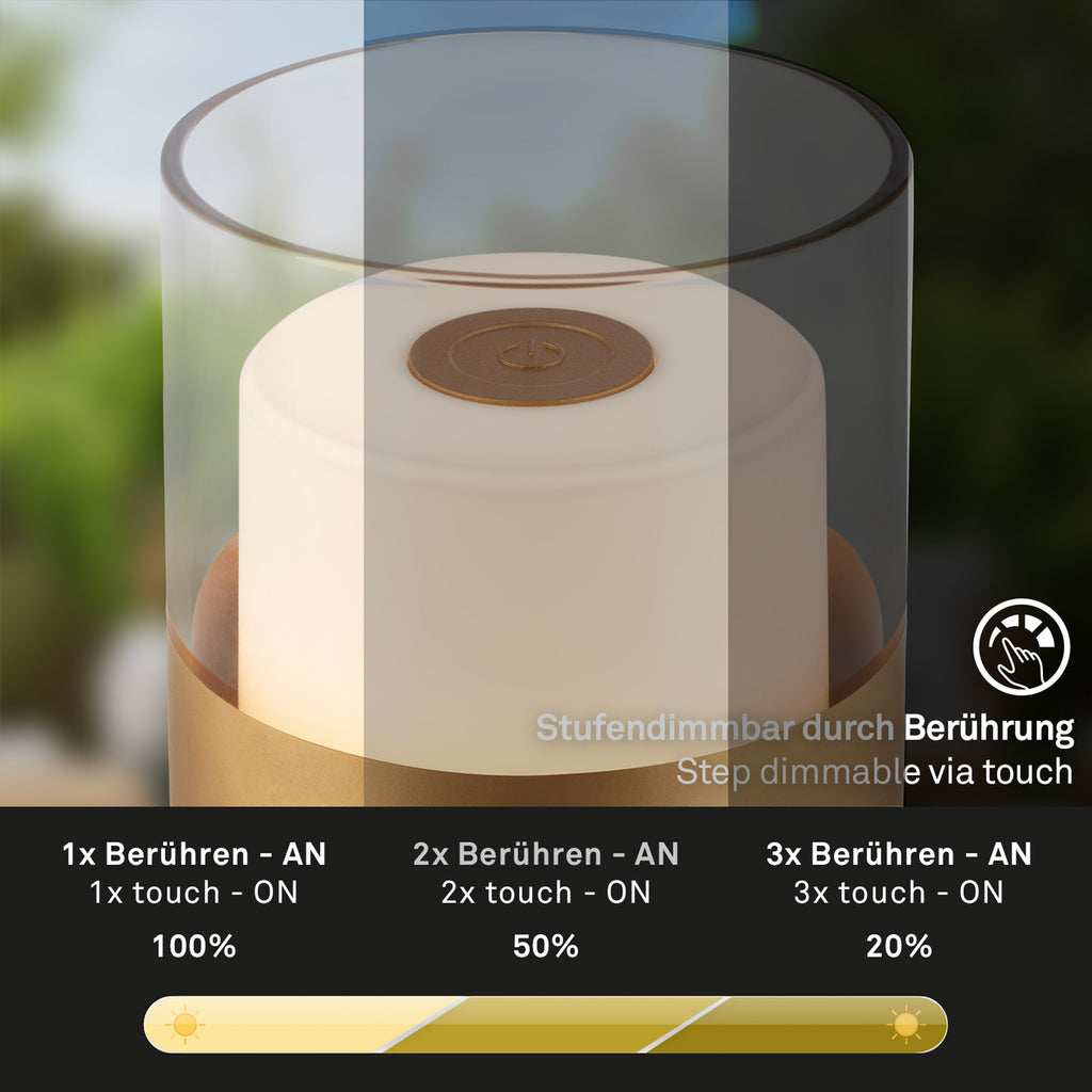 LED oppladbar bordlampe dimbar gull Ø9 cm IP44 - Briloner nærbilde