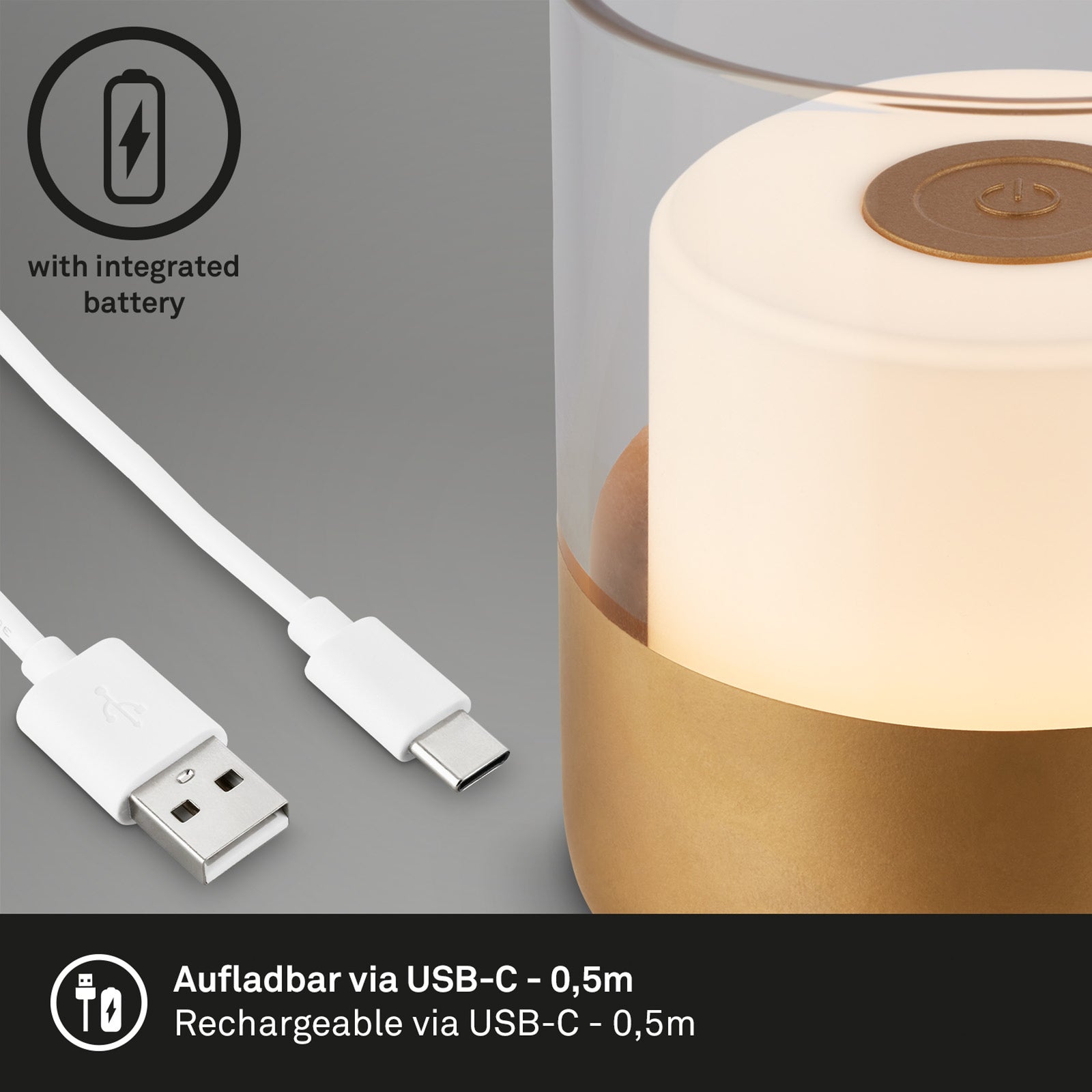 LED oppladbar bordlampe dimbar gull Ø9 cm IP44 - Briloner USB-lader