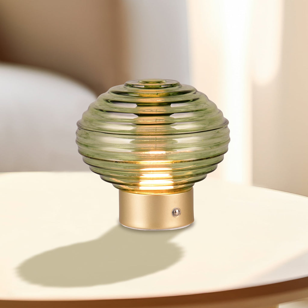 LED oppladbar bordlampe Earl glass dimbar messing/grønn forfra