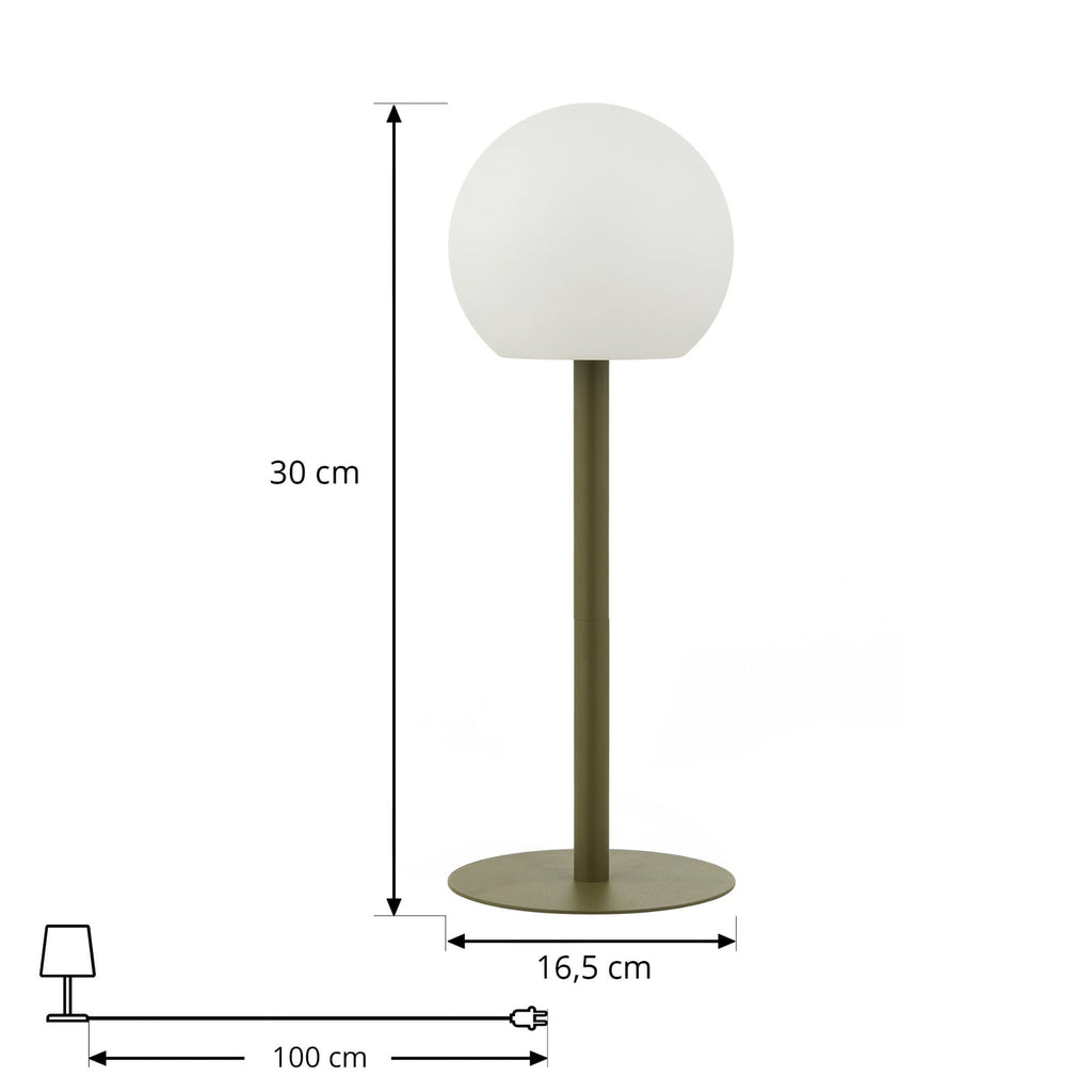 LED oppladbar bordlampe Eleia grønn metall CCT dimbar IP44 montert på terrasse