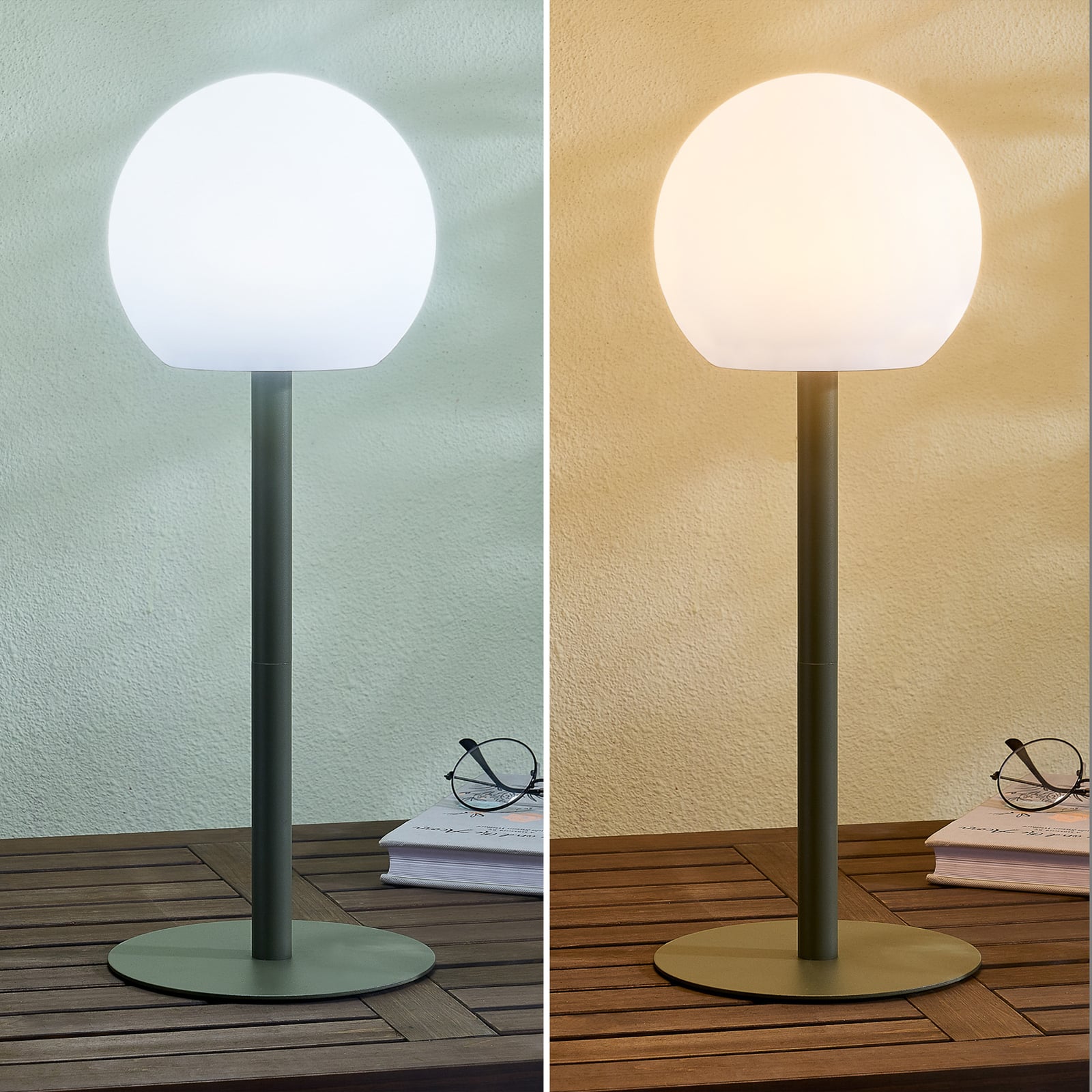 LED oppladbar bordlampe Eleia grønn metall CCT dimbar IP44 med USB-C-kabel