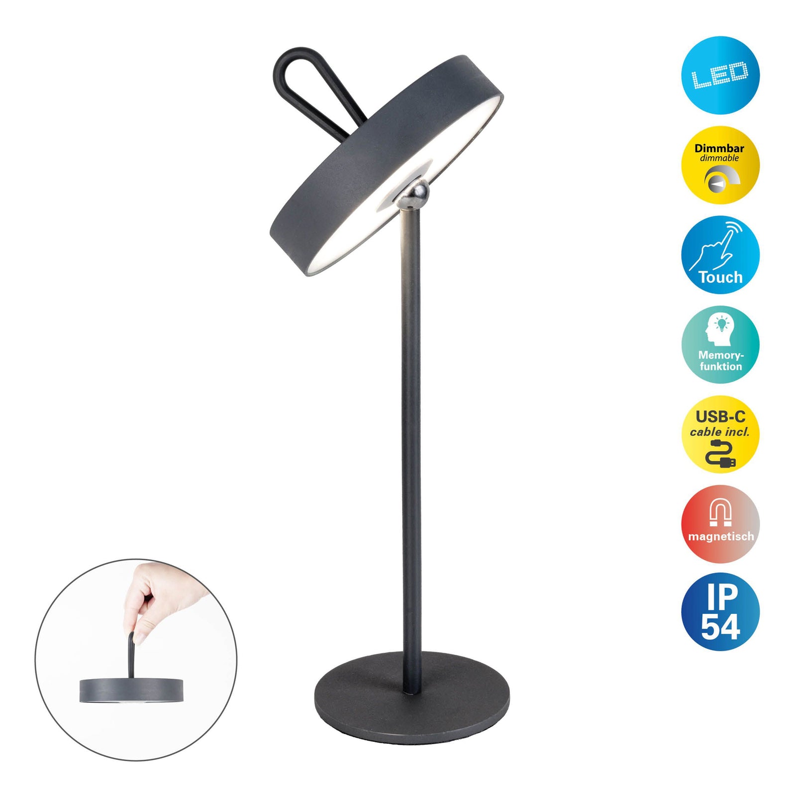 LED oppladbar bordlampe Ella magnetisk grå IP54 dimbar i bruk utendørs