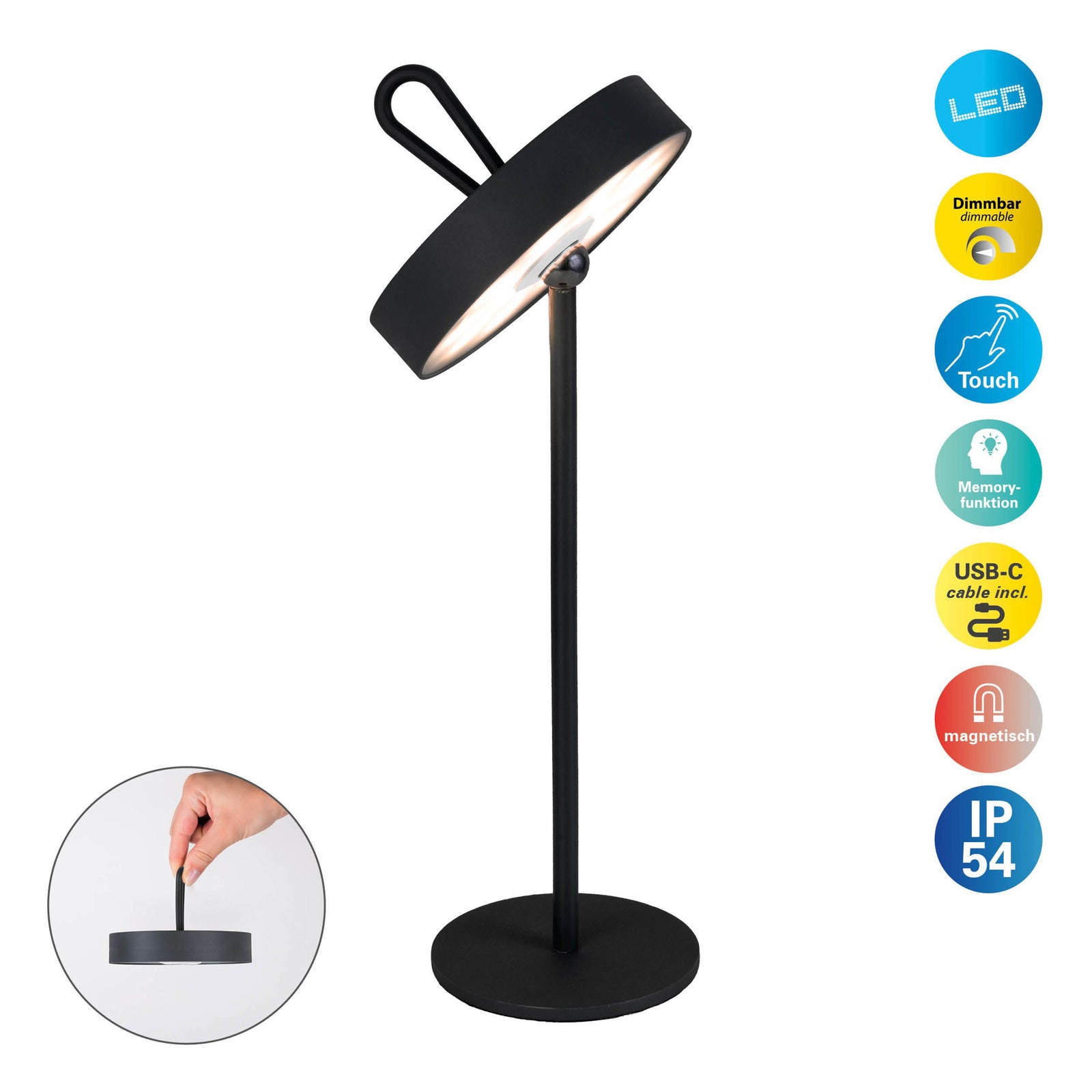 LED oppladbar bordlampe Ella magnetisk svart IP54 med justerbart lampehode