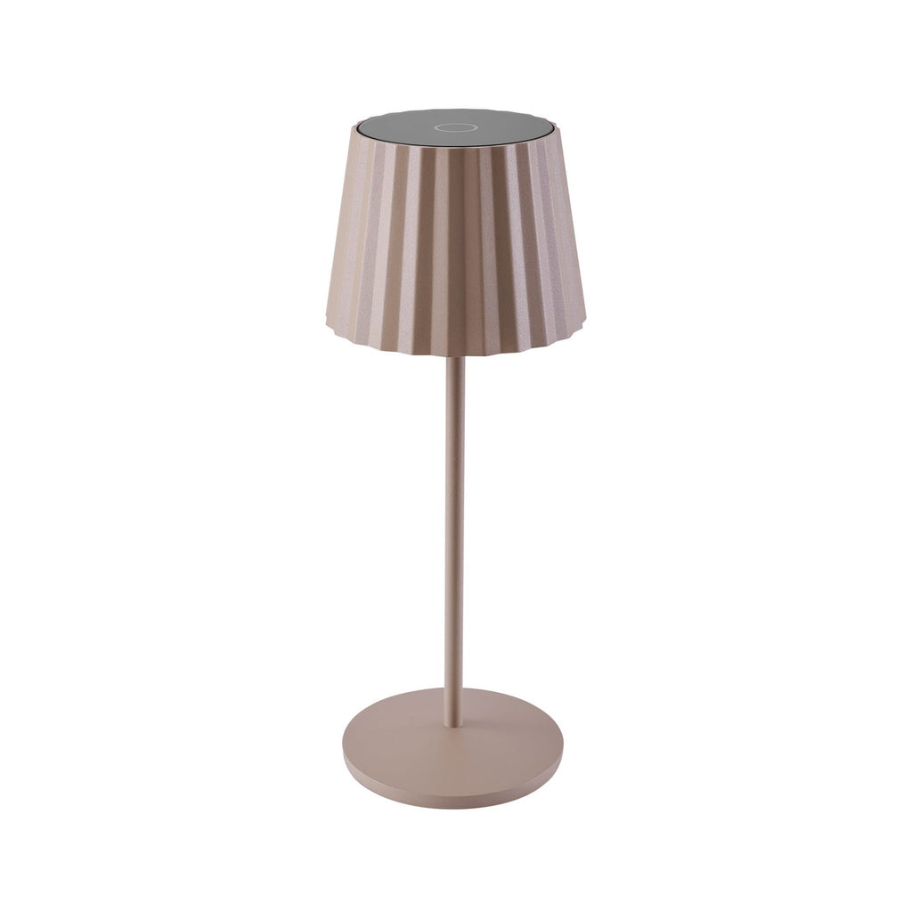 LED oppladbar bordlampe Esali dimbar beige IP65 Ø11 cm montert på bord