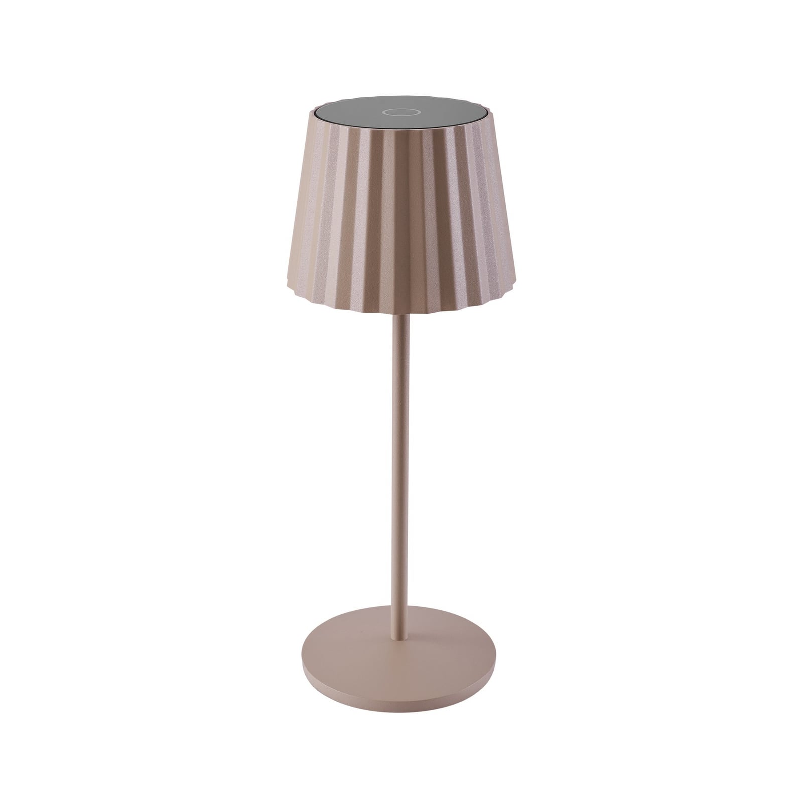 LED oppladbar bordlampe Esali dimbar beige IP65 Ø11 cm montert på bord