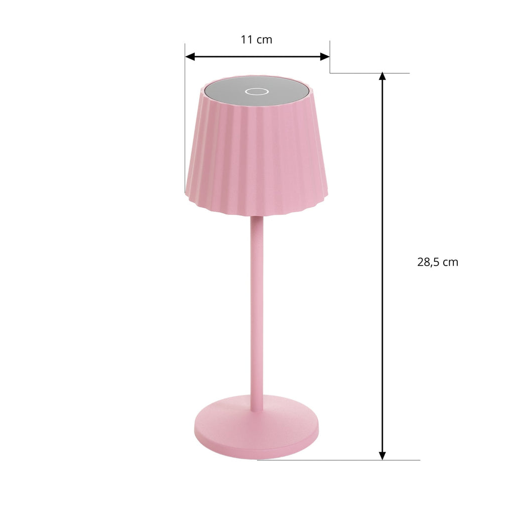 LED oppladbar bordlampe Esali rosa aluminium IP54 dimbar montert i uterom