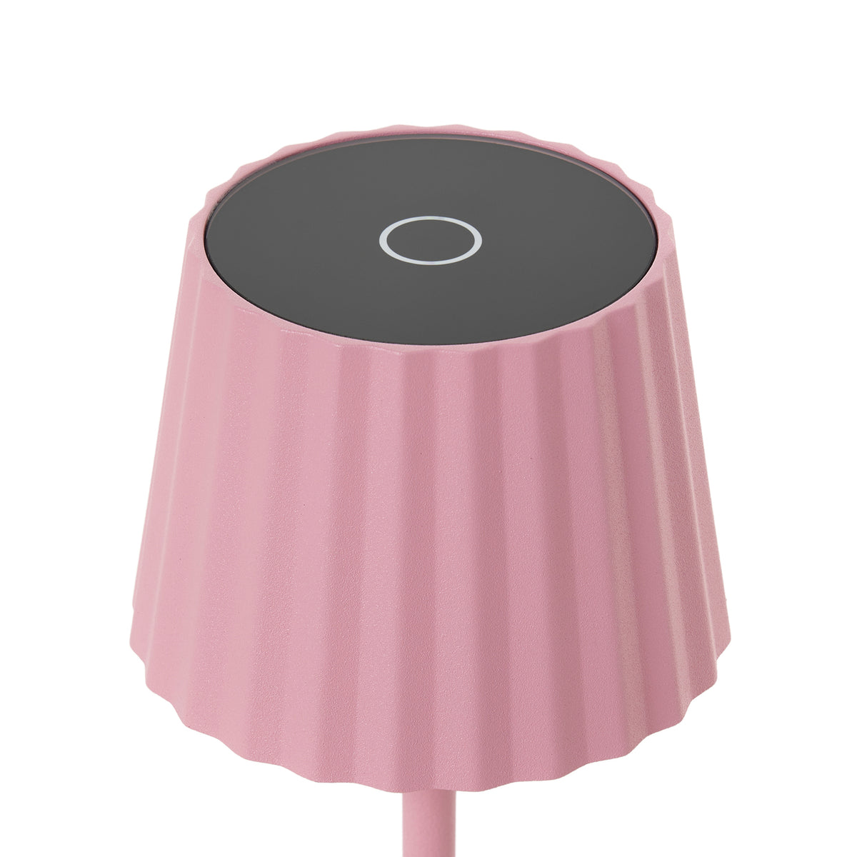 Nærbilde av touch-dimmer på LED oppladbar bordlampe Esali rosa aluminium IP54 dimbar