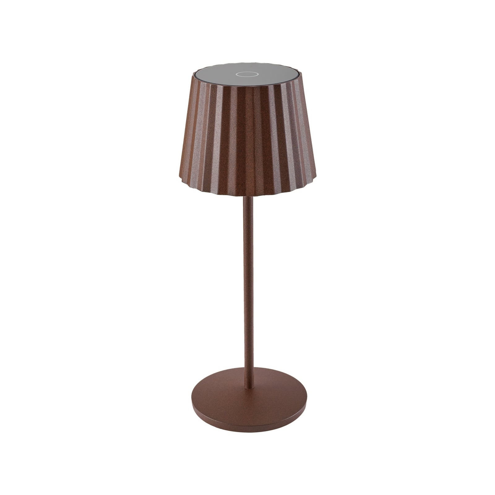 Nærbilde av touch-dimmer på LED oppladbar bordlampe Esali rustbrun aluminium dimbar IP65