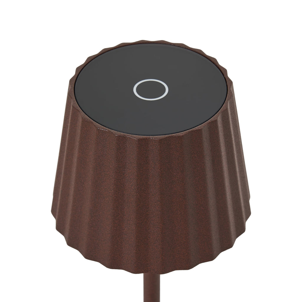 LED oppladbar bordlampe Esali rustbrun aluminium dimbar IP65 detalj av lampehode