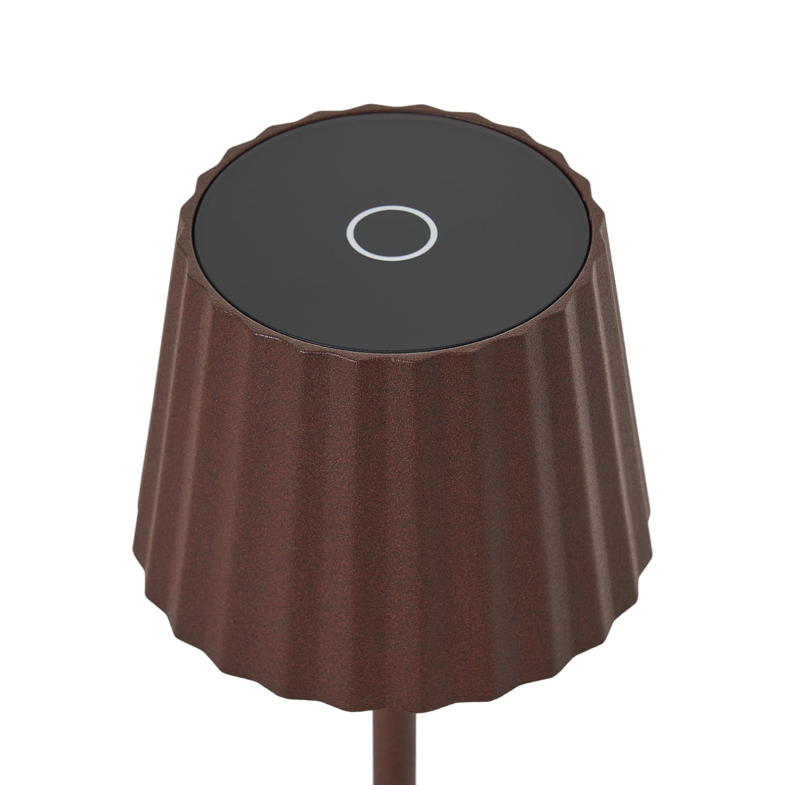 LED oppladbar bordlampe Esali rustbrun aluminium dimbar IP65 detalj av lampehode