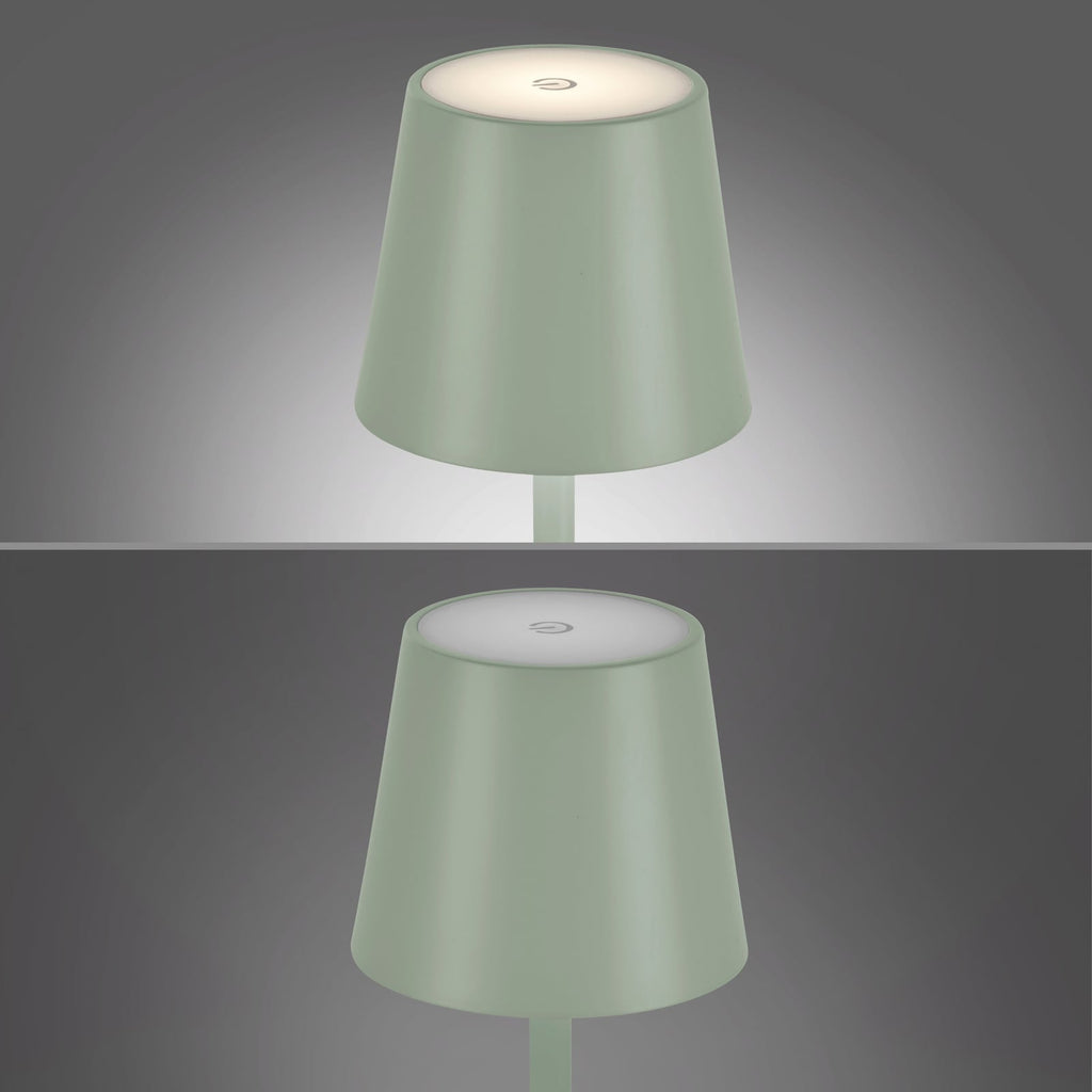 Nærbilde av touchdimmer på LED oppladbar bordlampe Euria grønn jern dimbar IP54